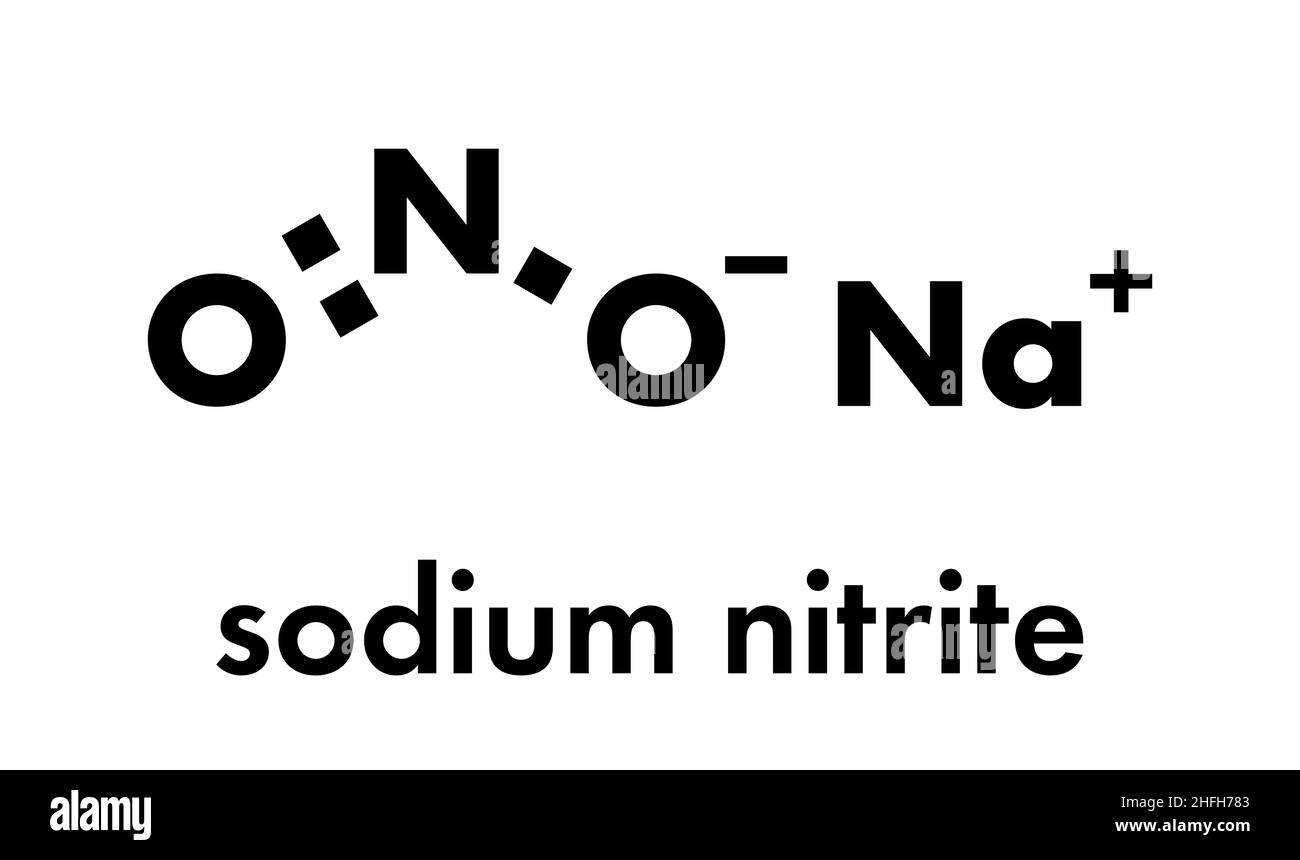 Sodium nitrite, chemical structure. Used in the curing of meat. Skeletal formula. Stock Vector