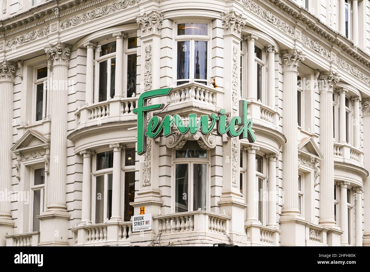 London, England - June 2020: Sign above the entrance to the Fenwick department store in central London Stock Photo