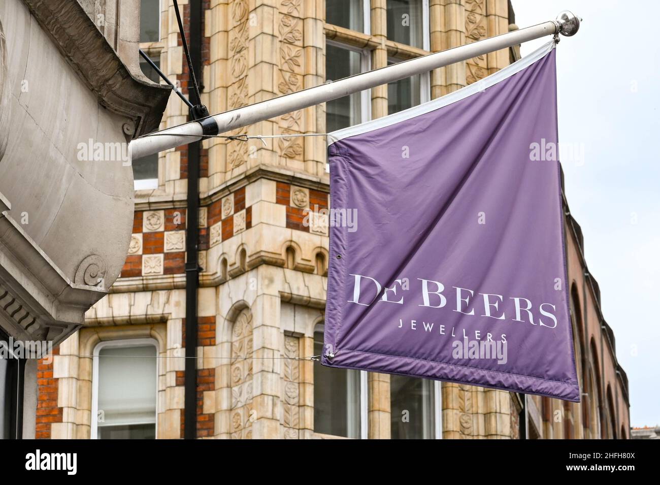 London, England June 2020 Banner sign hanging outside the entrance to the De Beers diamond