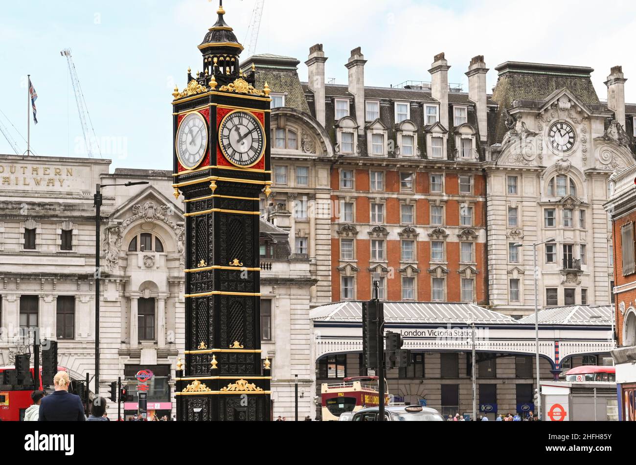 London, England - June 2020: Ornate clock tower outside London Victoria railway station Stock Photo