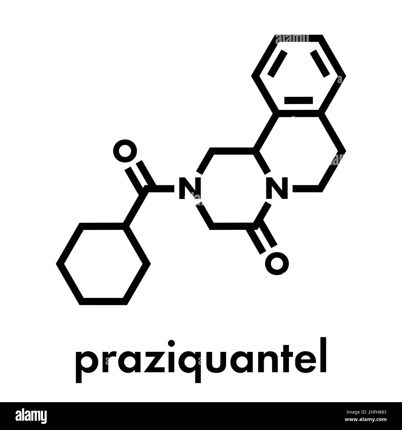 Praziquantel anthelmintic drug molecule. Used to treat tapeworm infections. Skeletal formula. Stock Vector