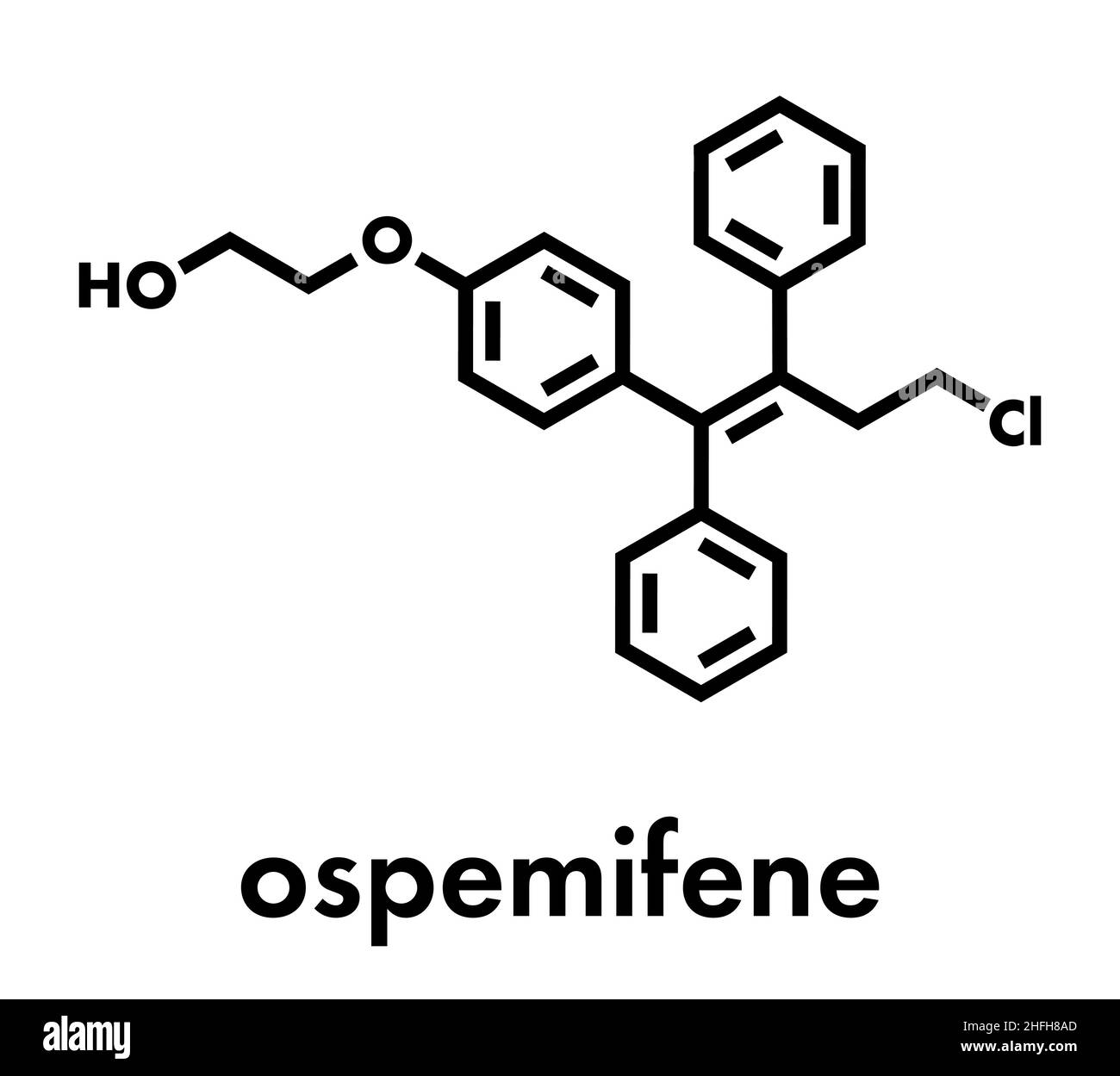 Ospemifene dyspareunia drug molecule. Used to treat pain during sexual intercourse (dyspareunia). Skeletal formula. Stock Vector