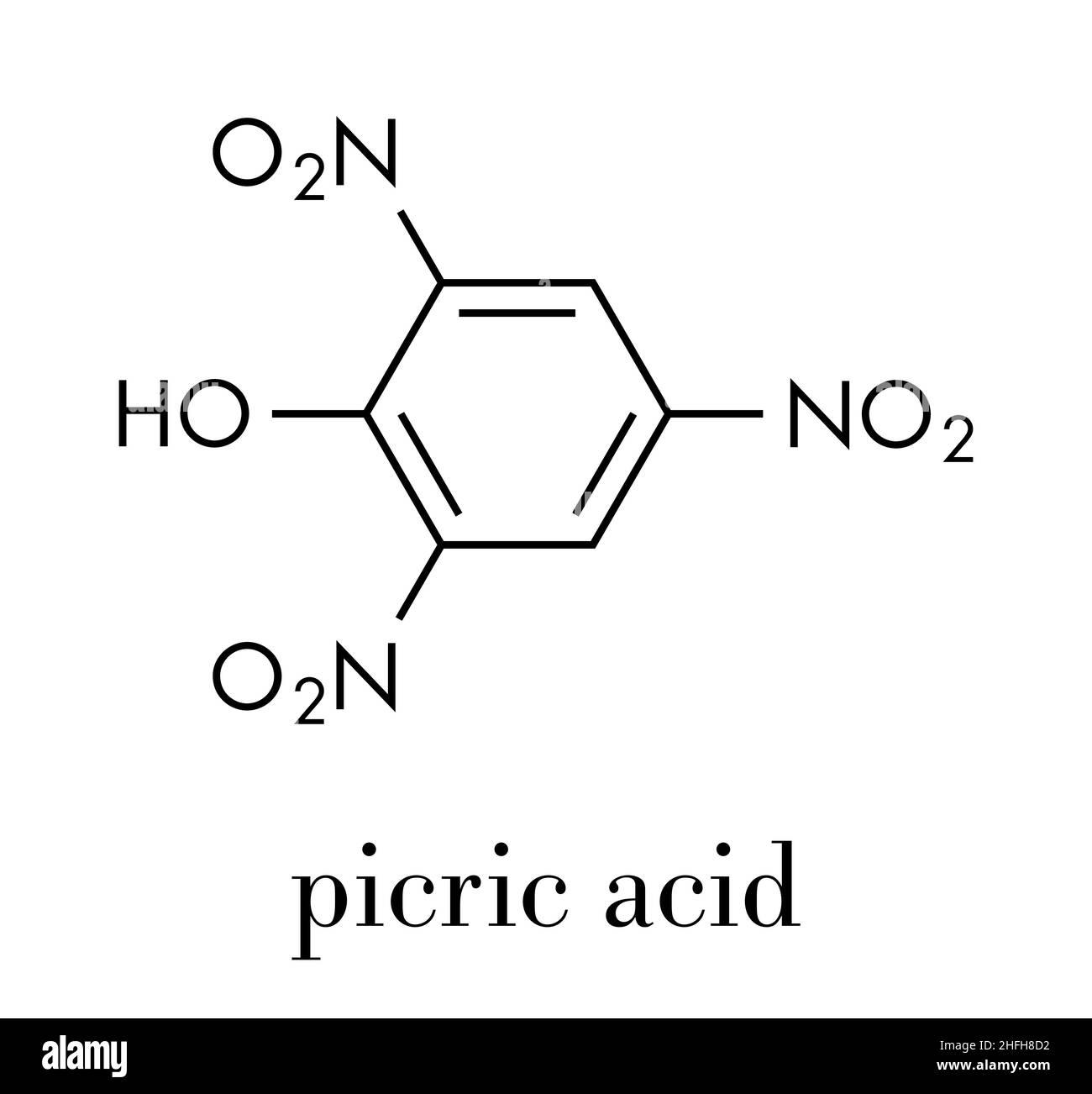 Picric acid (2,4,6-trinitrophenol) explosive molecule. Skeletal formula.Picric acid (2,4,6-trinitrophenol) explosive molecule. Skeletal formula. Stock Vector