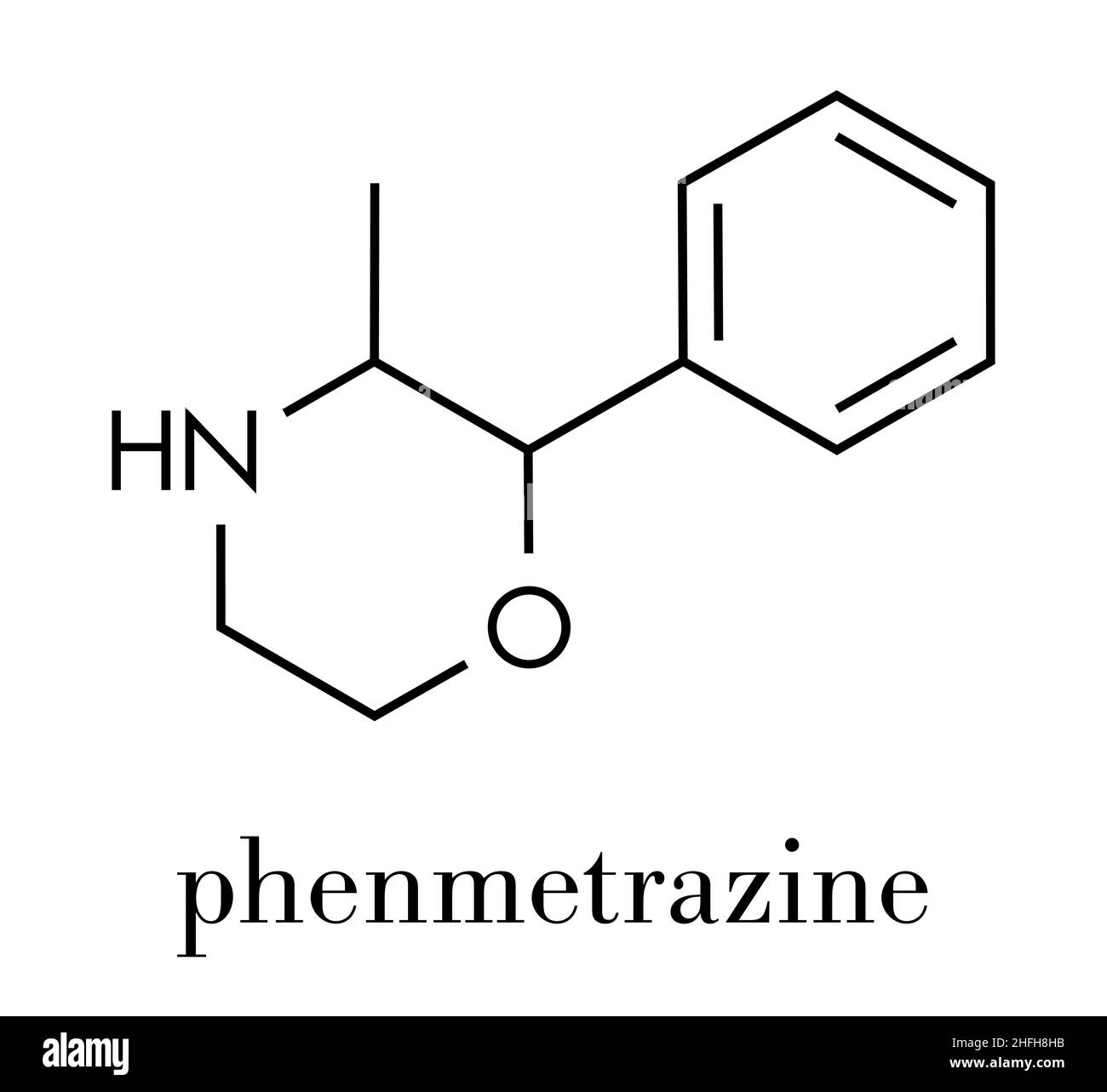 Phenmetrazine stimulant drug molecule (amphetamine class). Used as stimulant and appetite suppressant. Skeletal formula. Stock Vector