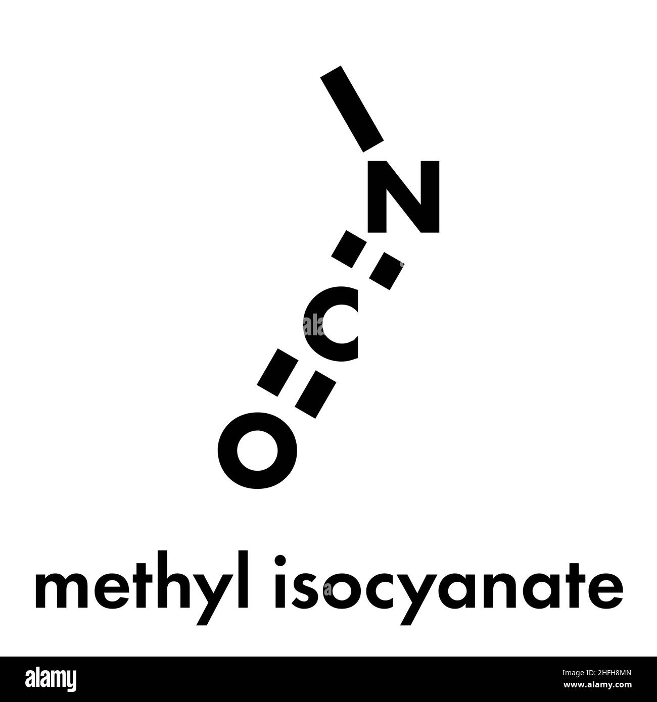 Methyl isocyanate (MIC) toxic molecule. Important chemical that was responsible for thousands of deaths in the Bhopal disaster. Skeletal formula. Stock Vector