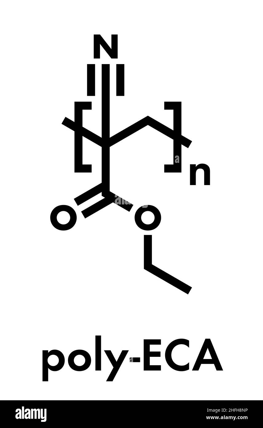 Poly(ethyl cyanoacrylate) polymer, chemical structure. Polymerized (set) form of ethyl cyanoacrylate instant glue. Skeletal formula. Stock Vector