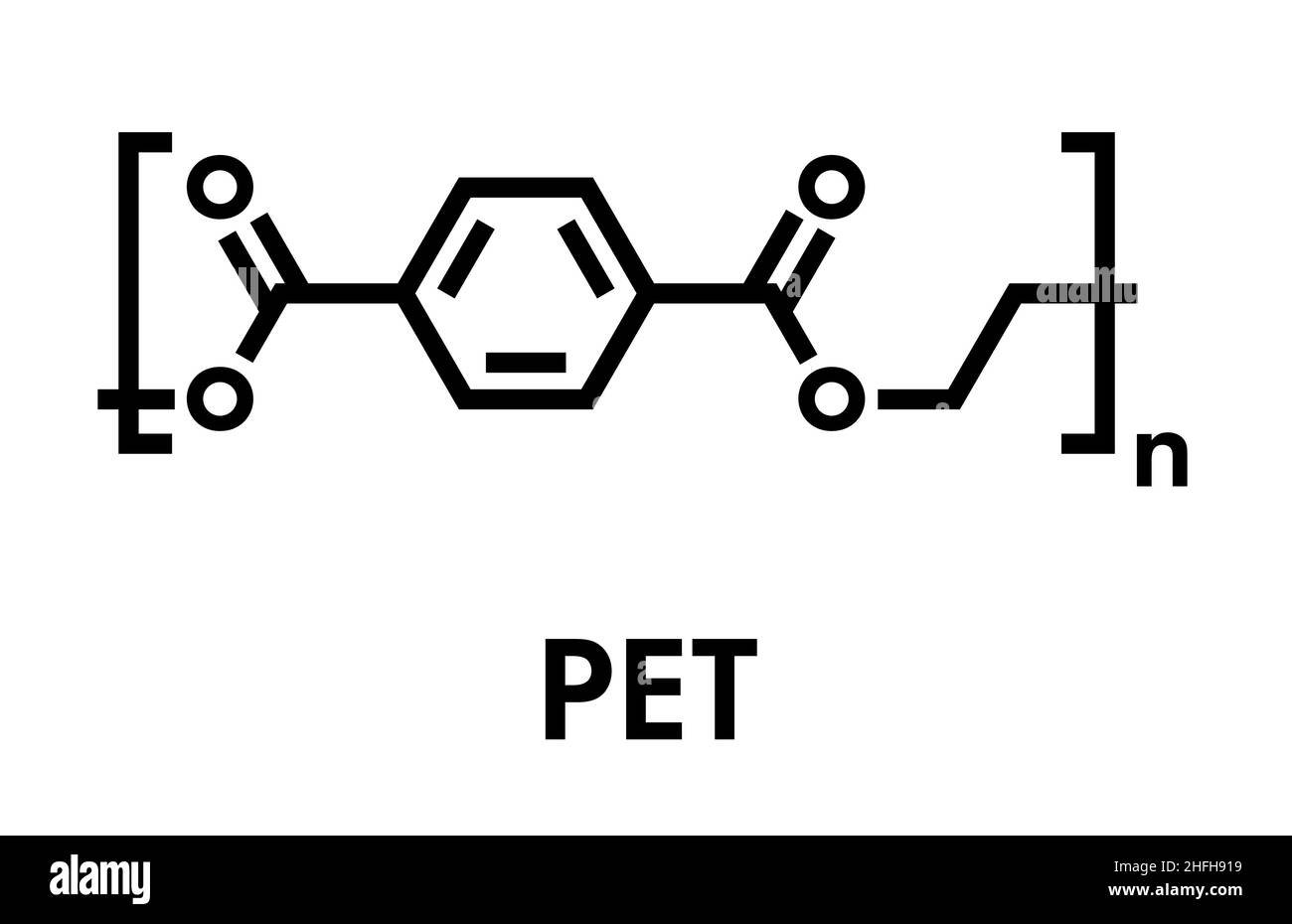 Polyethylene terephthalate (PET, PETE) polyester plastic, chemical structure. Mainly used in synthetic fibers and plastic bottles. Skeletal formula. Stock Vector
