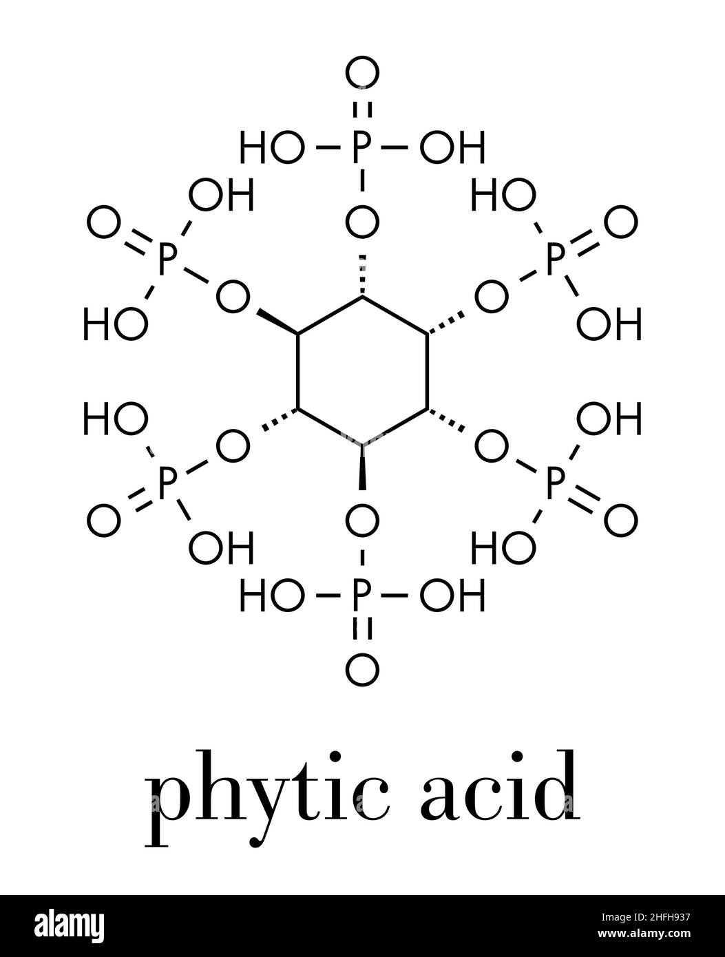 Phytic acid (hexakisphosphate, IP6, phytate) molecule. Present in seeds and grains of many plants, acting as storage form of phosphorus. Skeletal form Stock Vector