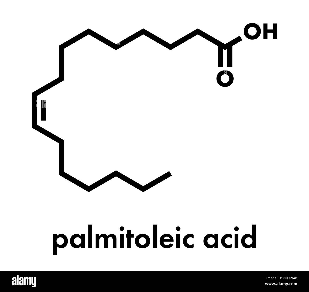 Palmitoleic acid (omega-7) fatty acid molecule. Skeletal formula. Stock Vector