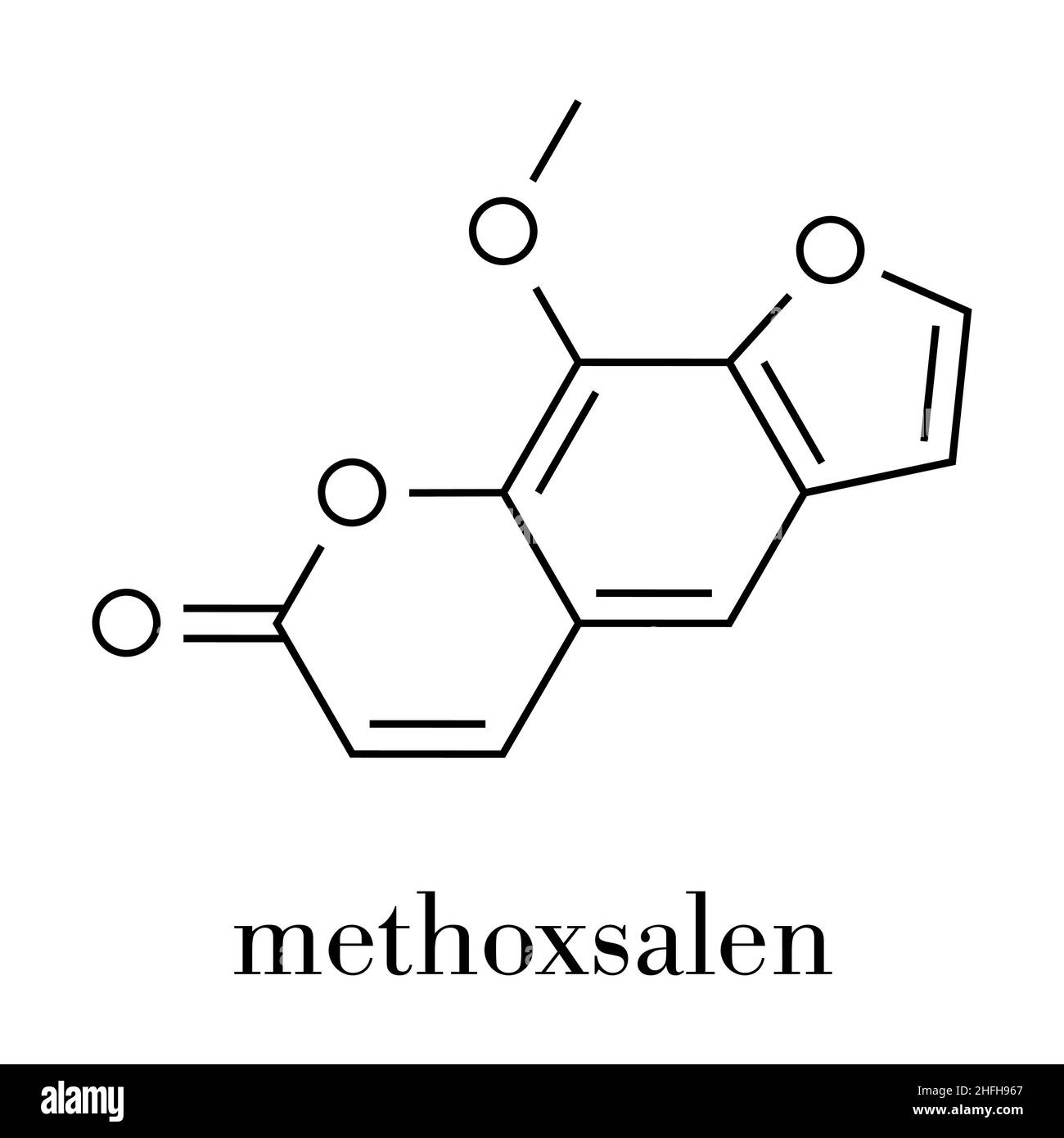 Methoxsalen (psoralen) skin disease drug molecule. Used in PUVA therapy in combination with UVA radiation. Skeletal formula. Stock Vector