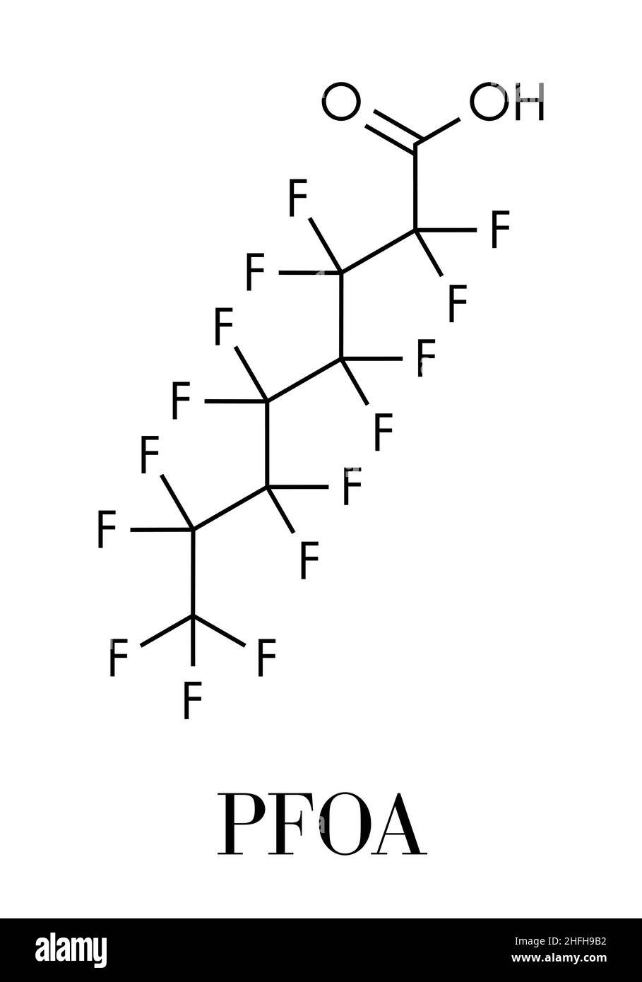 Perfluorooctanoic acid (PFOA, C8) molecule. Important and persistent pollutant. Skeletal formula. Stock Vector