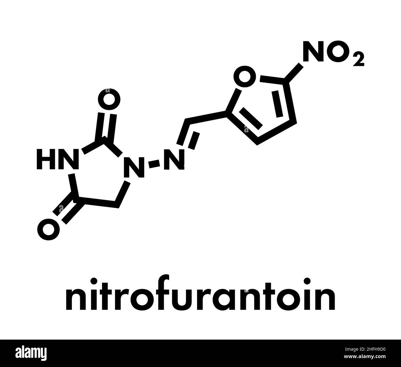 Nitrofurantoin antibiotic drug molecule. Used to treat urinary tract infections (UTI). Skeletal formula. Stock Vector