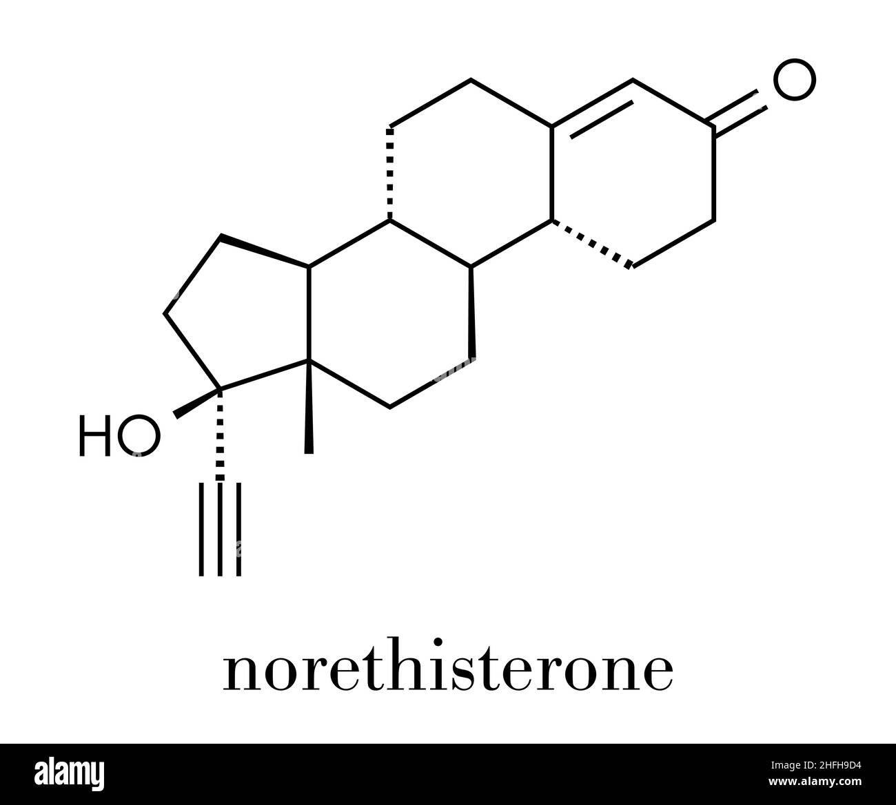 Norethisterone (norethindrone) progestogen hormone drug. Used in contraceptive pills and for a number of other indications. Skeletal formula. Stock Vector