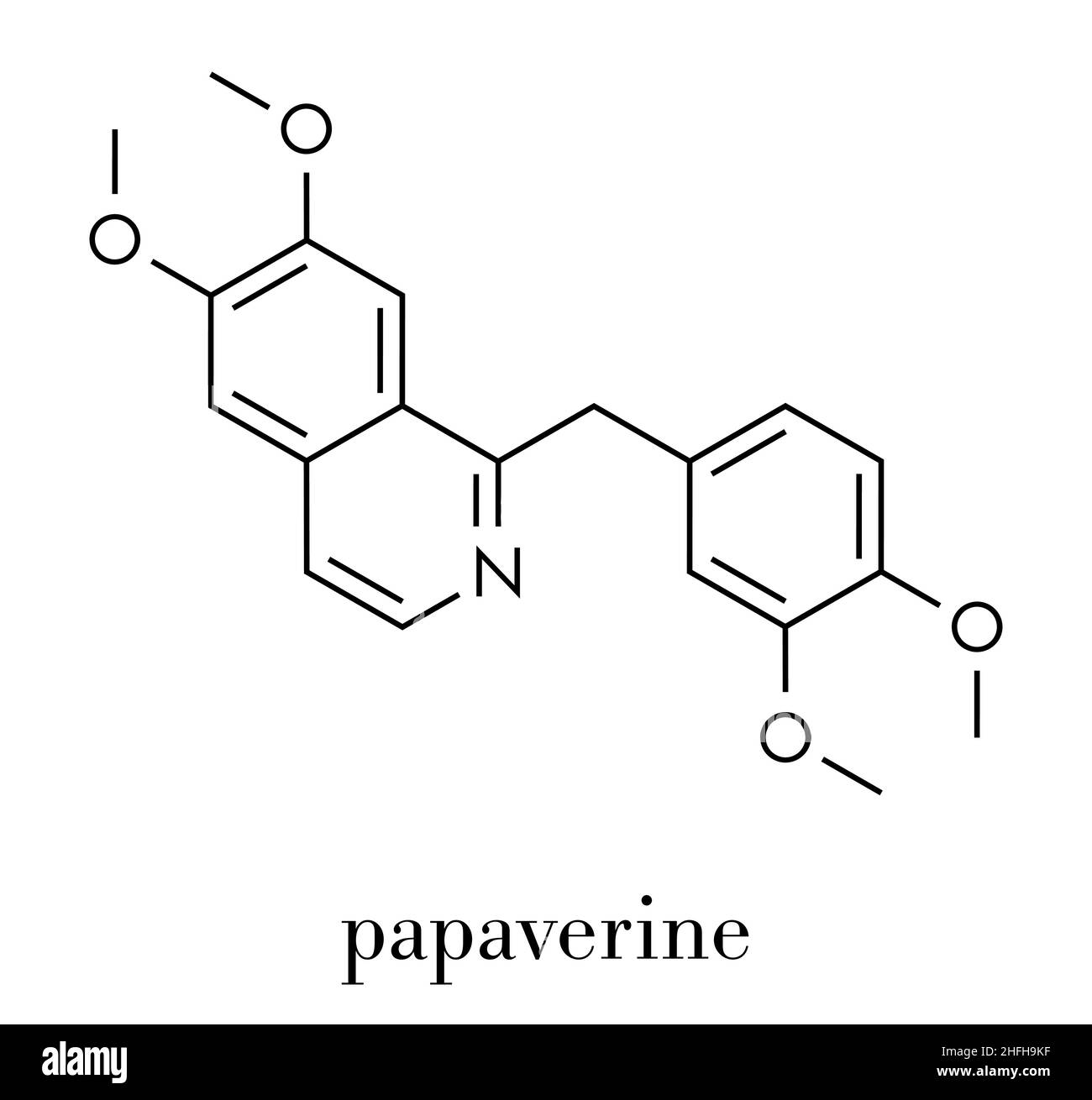 Papaverine opium alkaloid molecule. Used as antispasmodic drug. Skeletal formula. Stock Vector