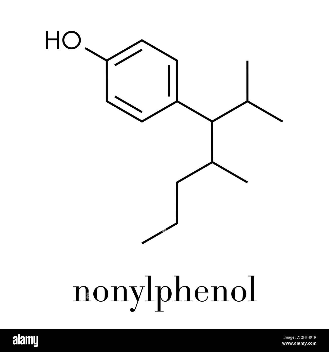 Nonylphenol endocrine disruptor molecule (one isomer shown). Skeletal formula. Stock Vector