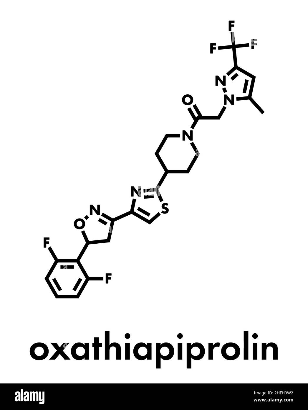Oxathiapiprolin fungicide molecule. Skeletal formula. Stock Vector