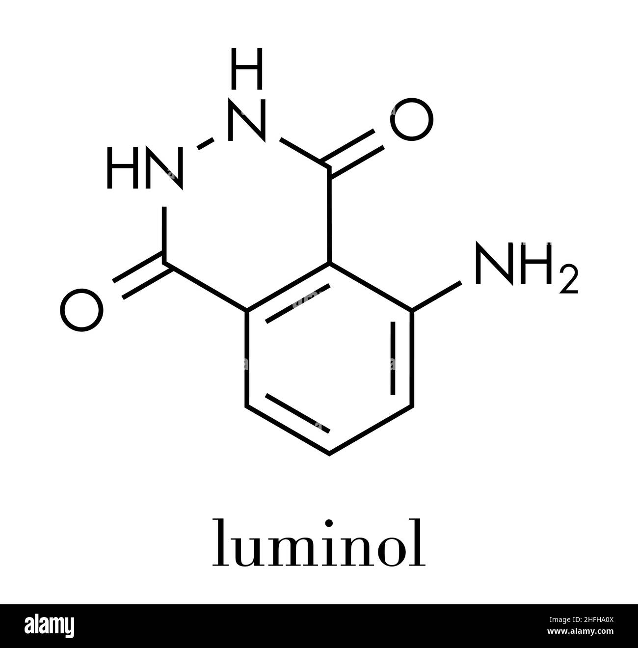 Luminol chemiluminescent molecule. Used to detect blood at crime scenes. Skeletal formula Stock