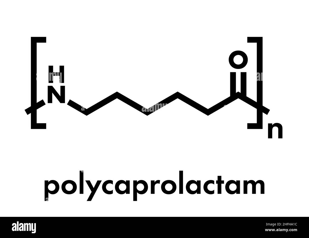 Polycaprolactam (nylon 6) polymer, chemical structure. Polyamide frequently used for production of synthetic fibers. Skeletal formula. Stock Vector