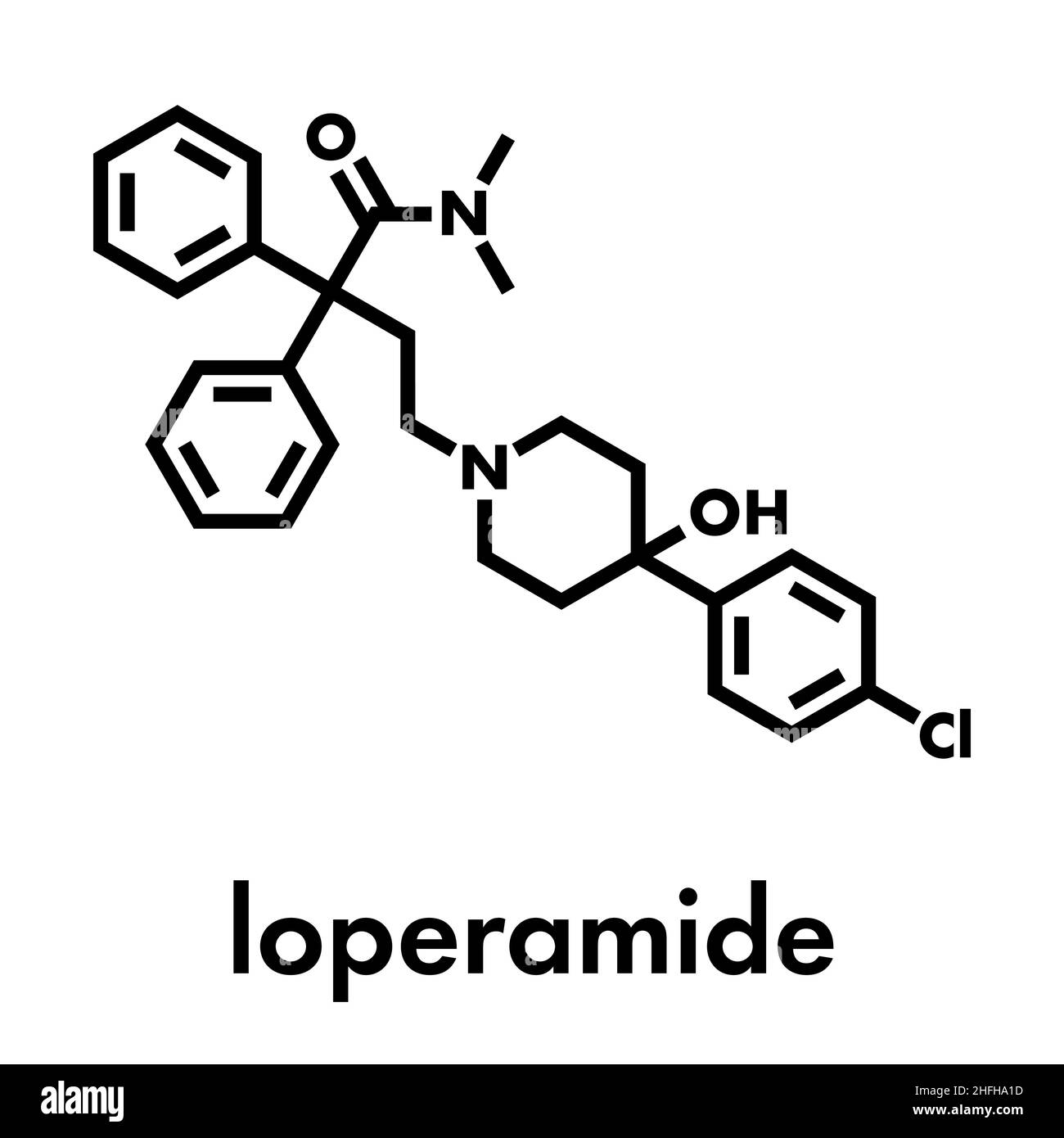Loperamide diarrhea drug molecule. Skeletal formula. Stock Vector