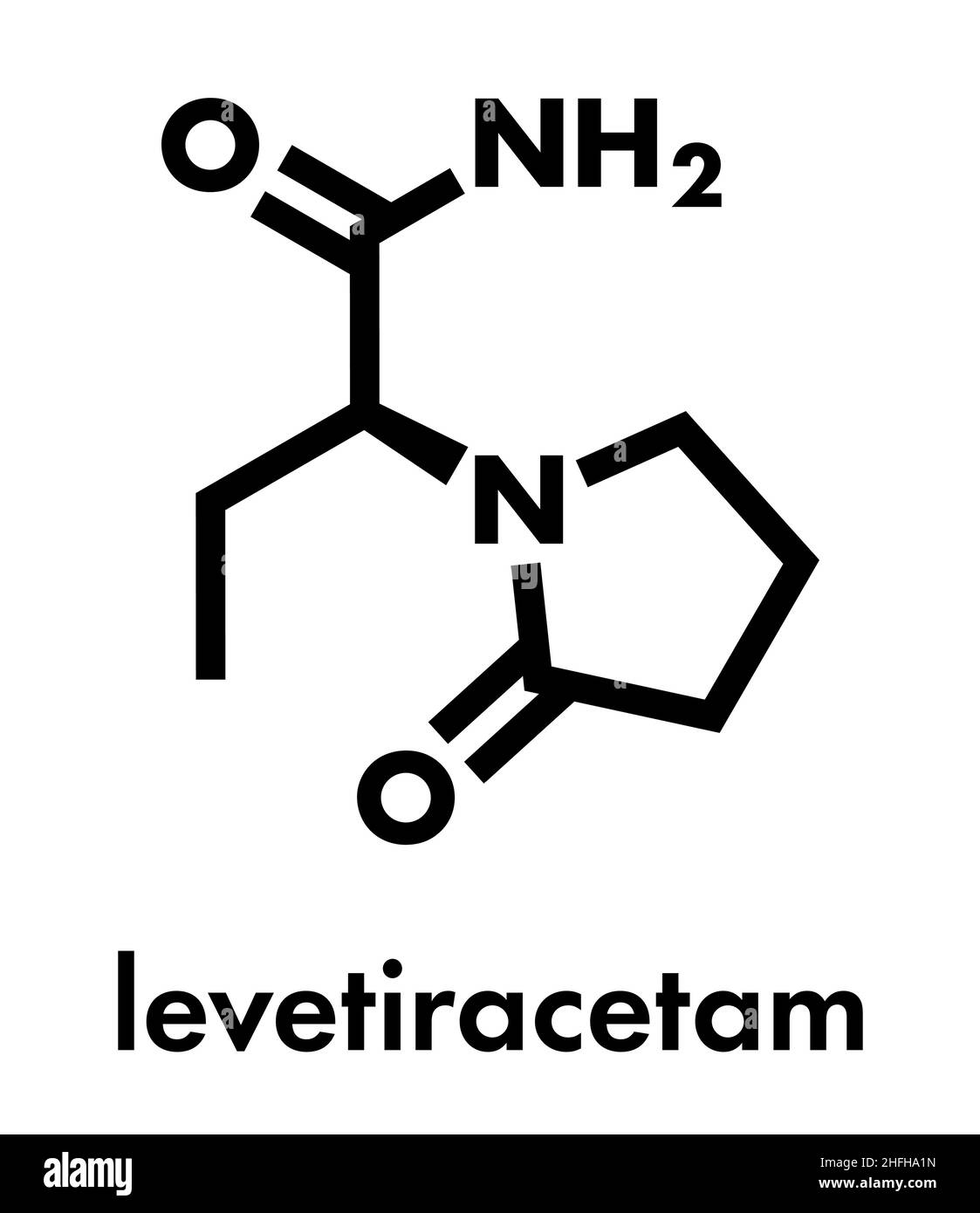 Levetiracetam epilepsy (seizures) drug molecule. S-isomer of etiracetam. Skeletal formula. Stock Vector