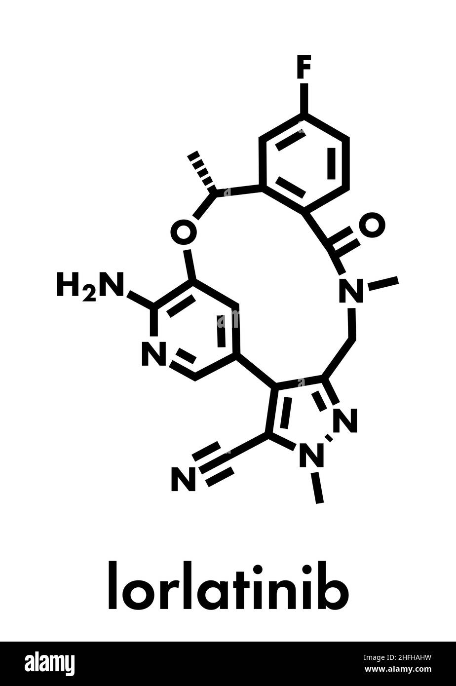 Lorlatinib cancer drug molecule. Skeletal formula. Stock Vector
