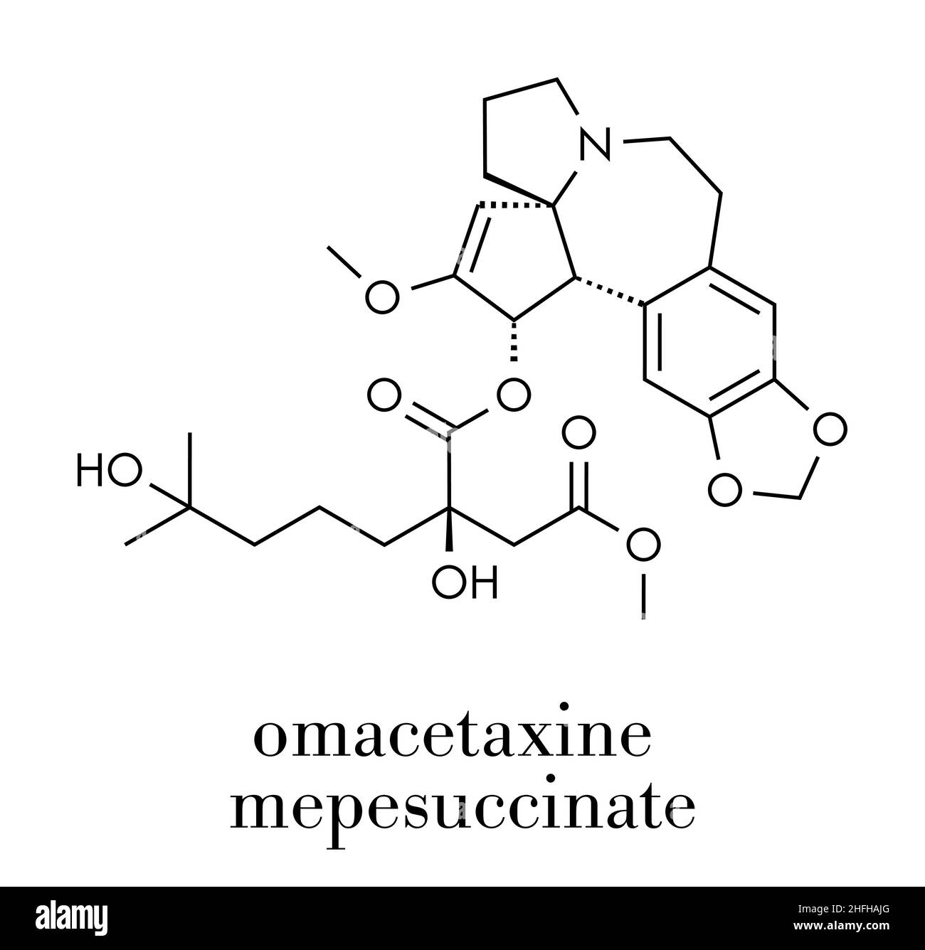 Omacetaxine mepesuccinate cancer drug molecule. Used in treatment of chronic myelogenous leukemia (CML). Skeletal formula. Stock Vector
