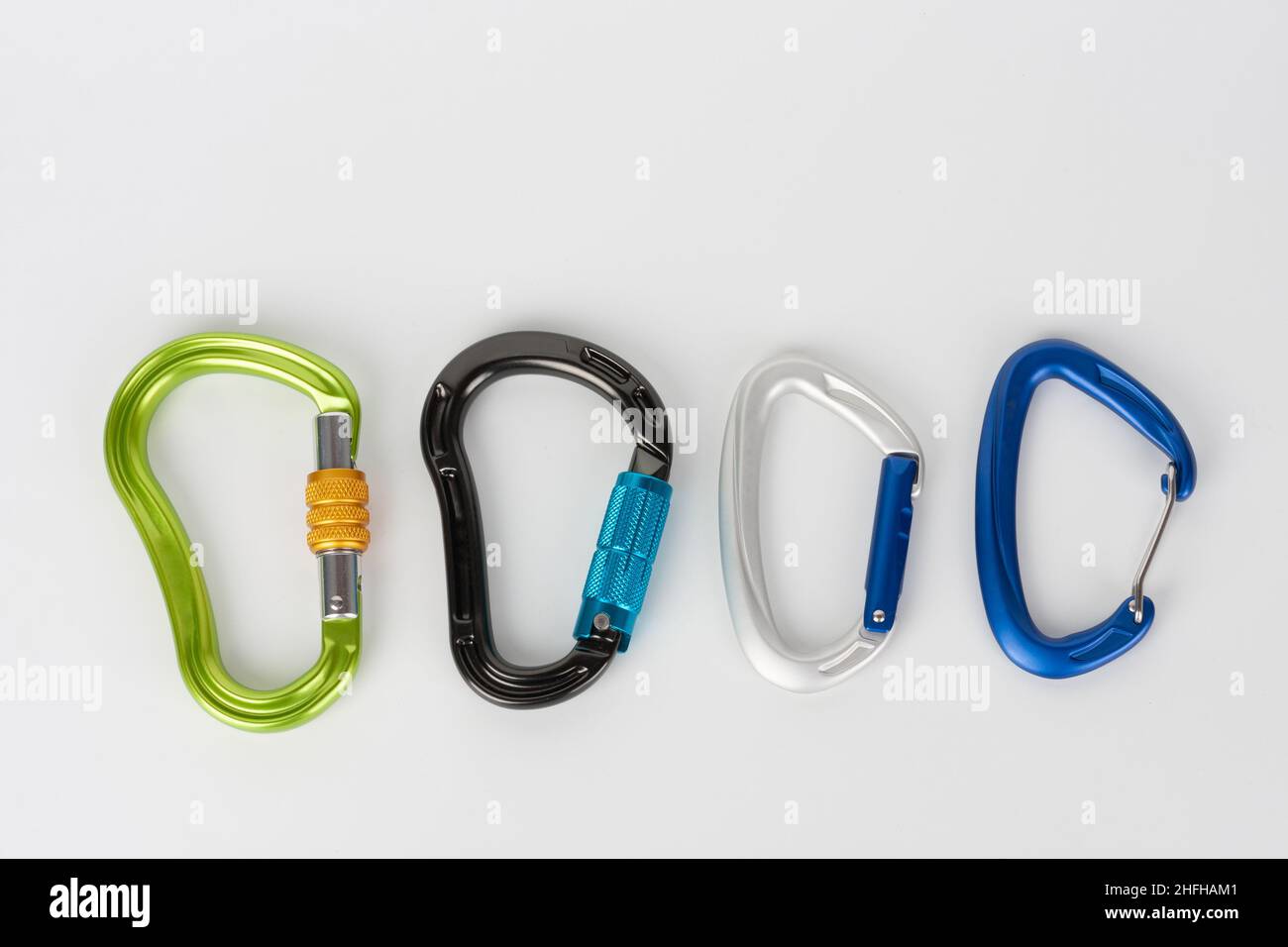 Carabiners with  screw lock, with automatic twist lock, with straight gate and wire gate. Stock Photo