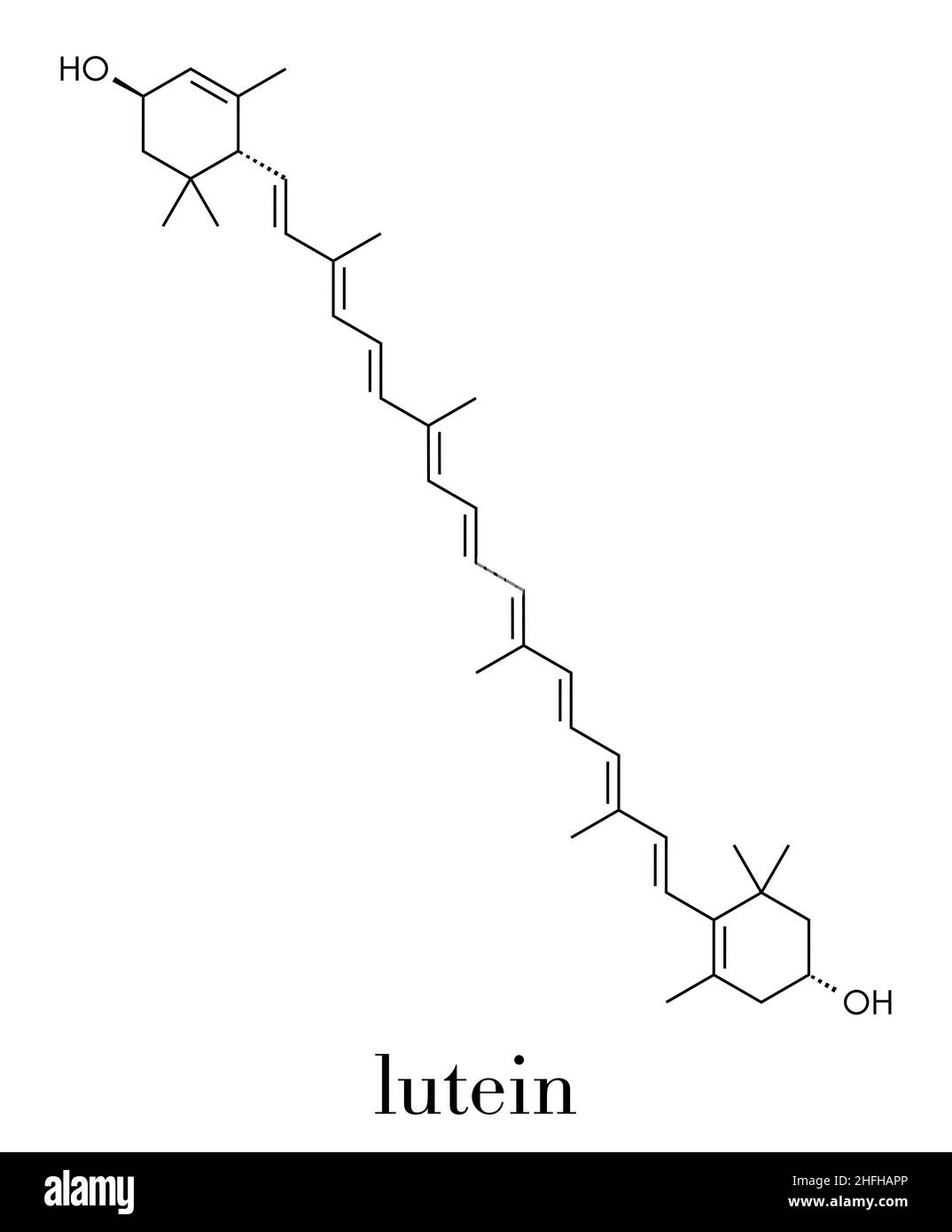 Lutein yellow-orange plant pigment molecule. Used as food and feed additive but also naturally present in many vegetables. Skeletal formula. Stock Vector