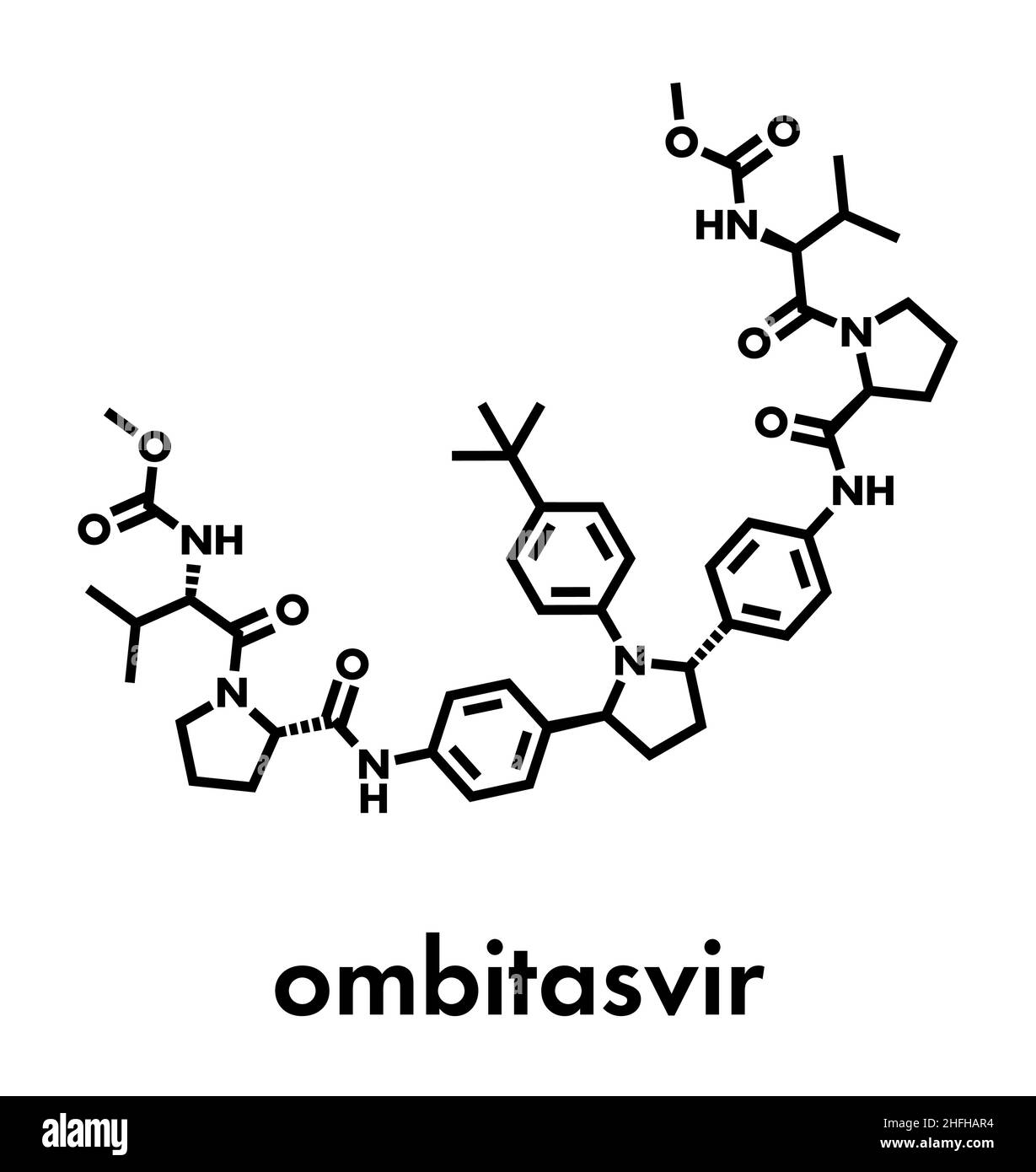 Ombitasvir hepatitis C virus (HCV) drug molecule. Inhibitor of nonstructural protein 5A (NS5A). Skeletal formula. Stock Vector