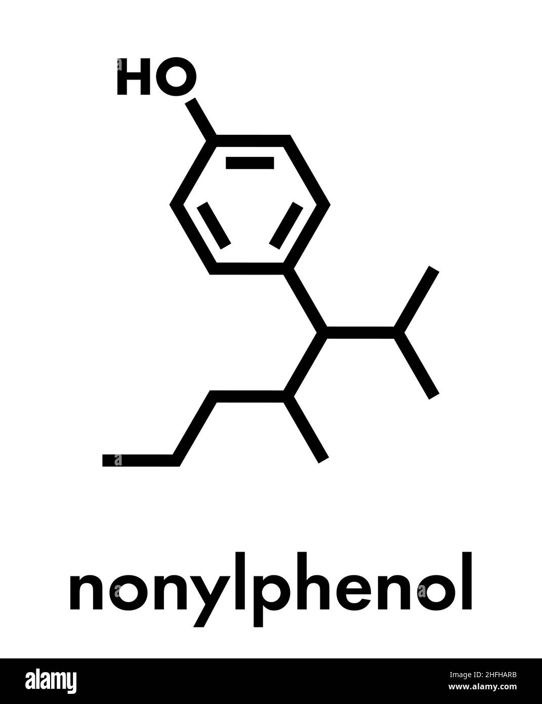 Nonylphenol endocrine disruptor molecule (one isomer shown). Skeletal formula. Stock Vector
