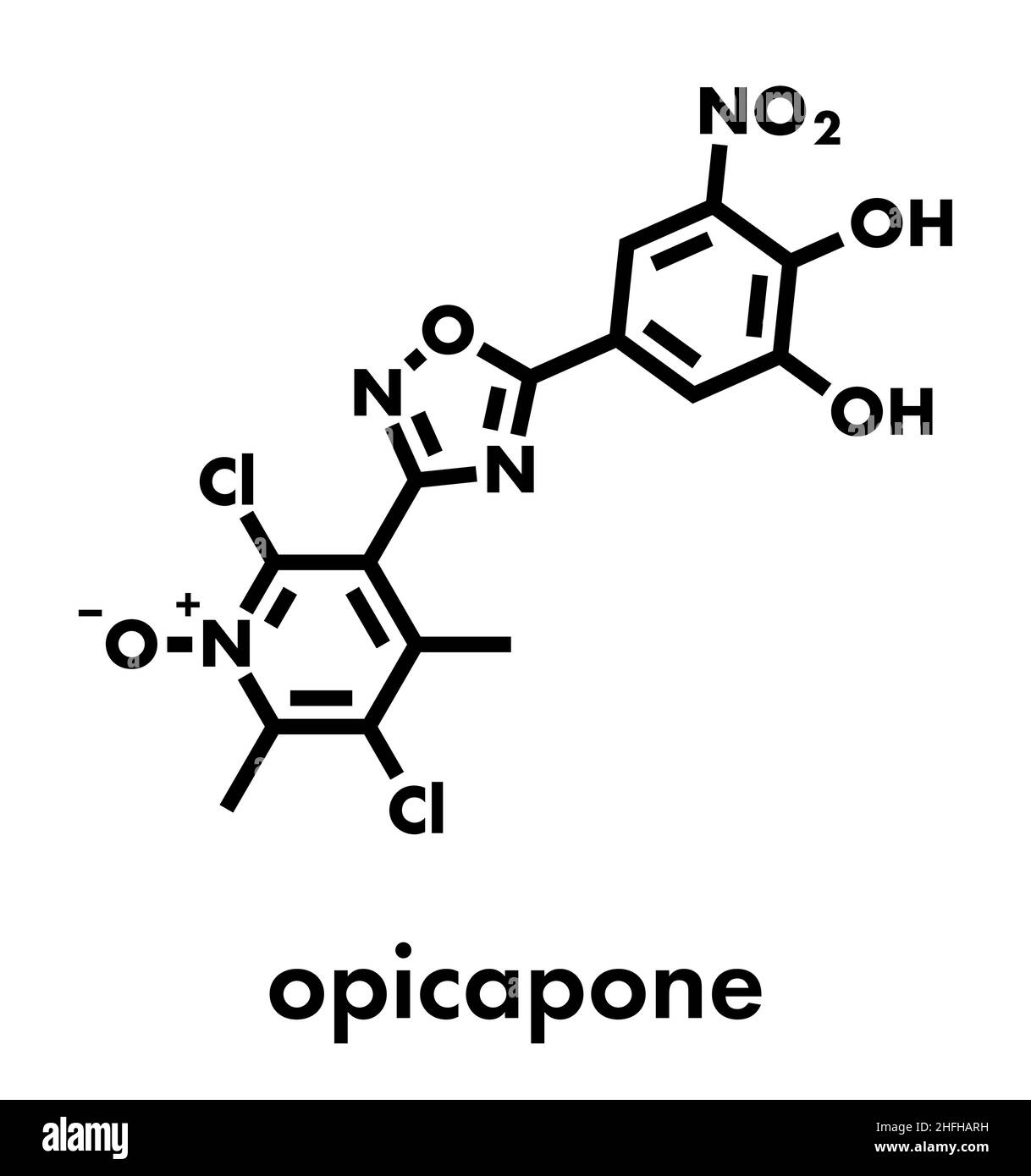 Opicapone Parkinson's disease drug molecule. Skeletal formula. Stock Vector