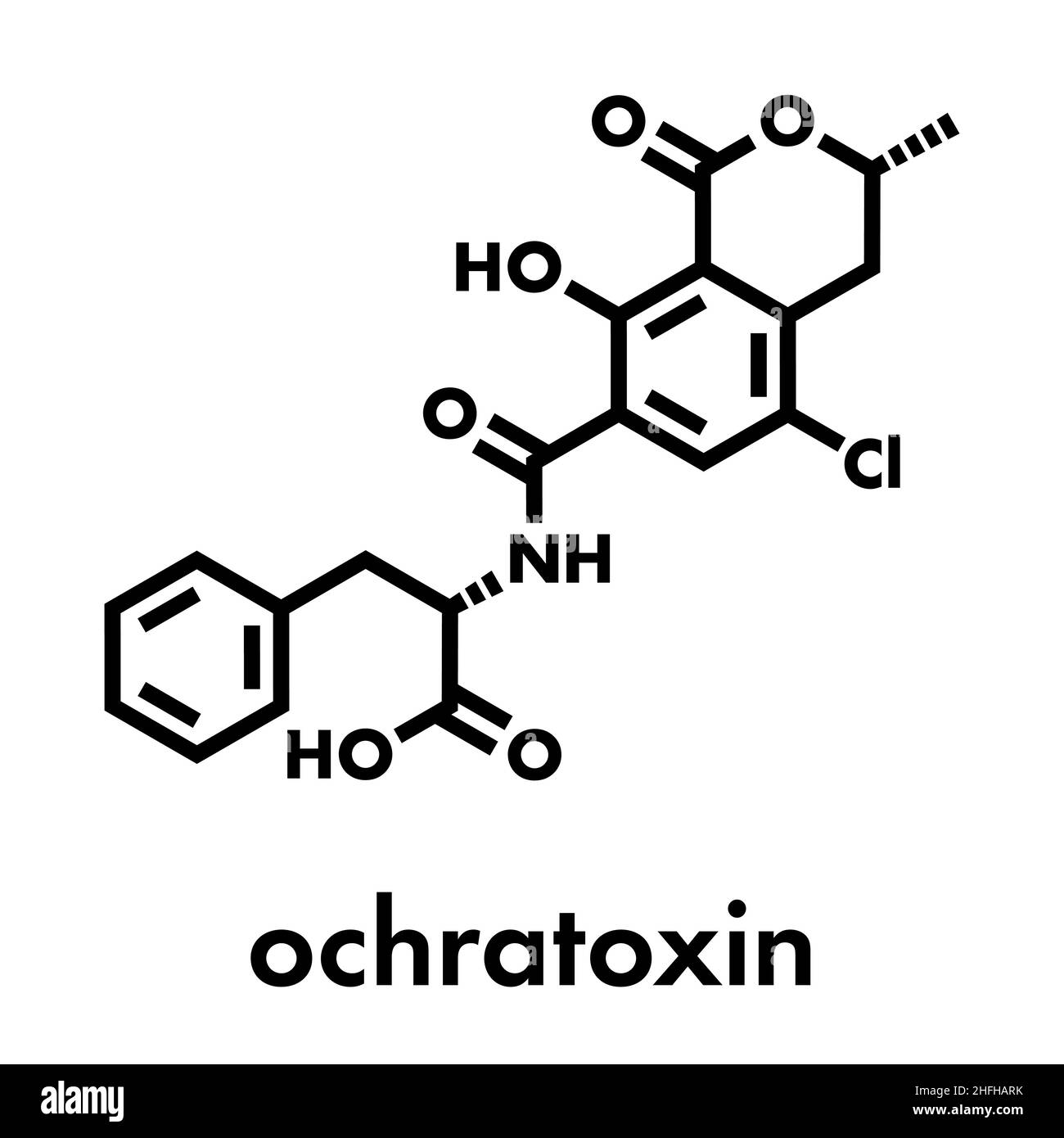 Ochratoxin A mycotoxin molecule. Skeletal formula. Stock Vector