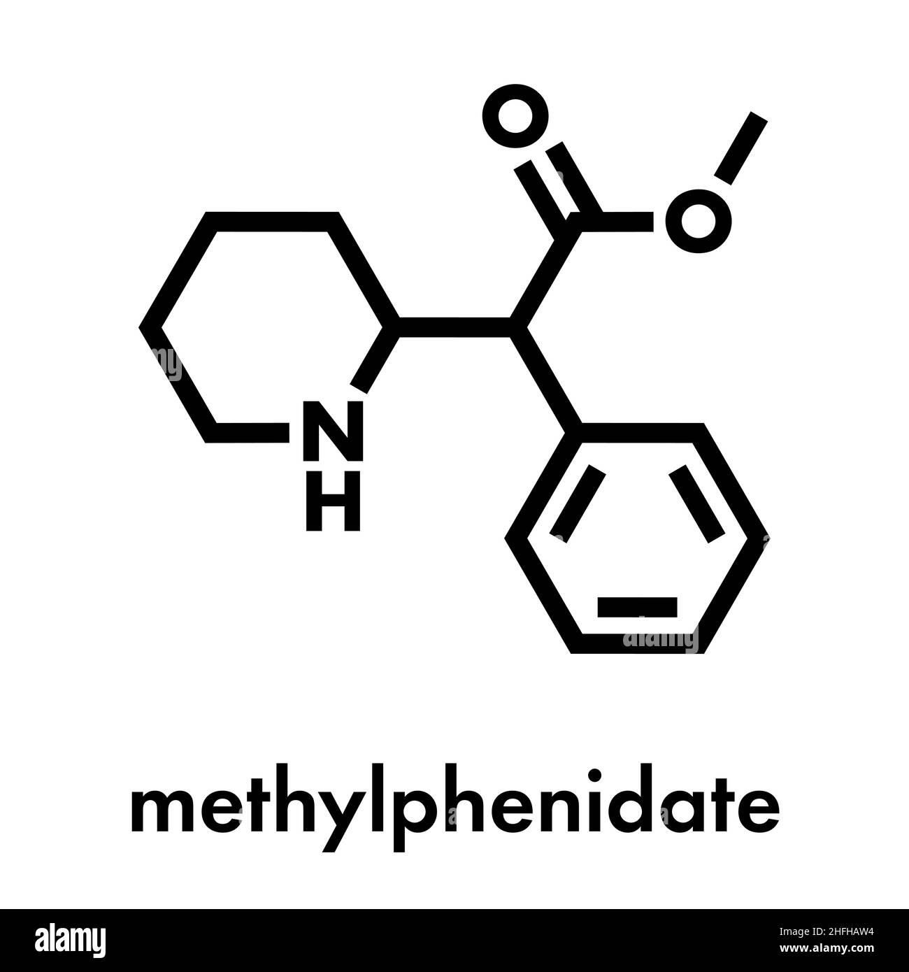 Methylphenidate attention-deficit hyperactivity disorder (ADHD) drug molecule. Skeletal formula. Stock Vector