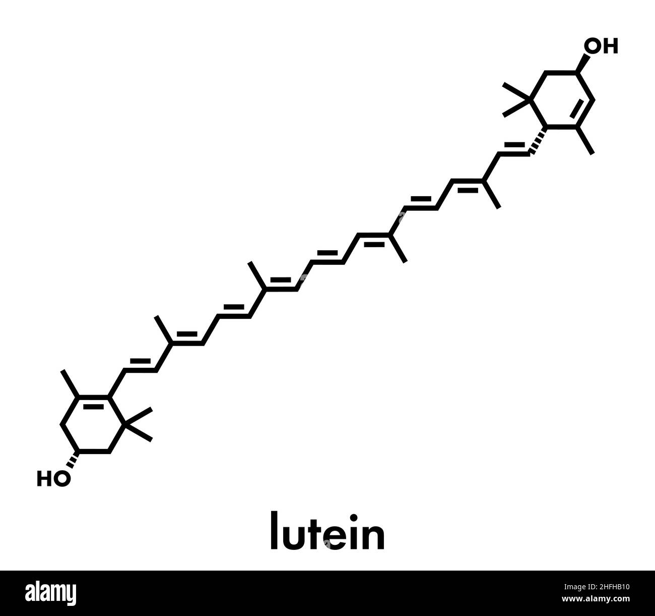 Lutein yellow-orange plant pigment molecule. Used as food and feed additive but also naturally present in many vegetables. Skeletal formula. Stock Vector