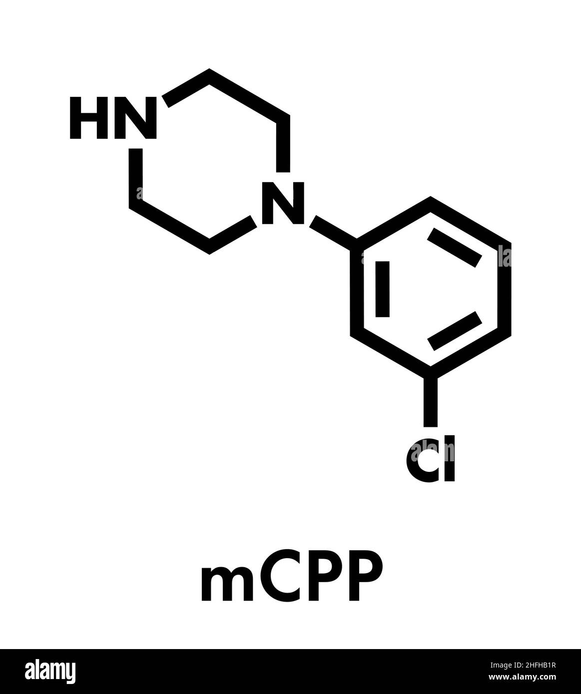Meta-chlorophenylpiperazine (mCPP) psychoactive drug molecule. Skeletal formula. Stock Vector