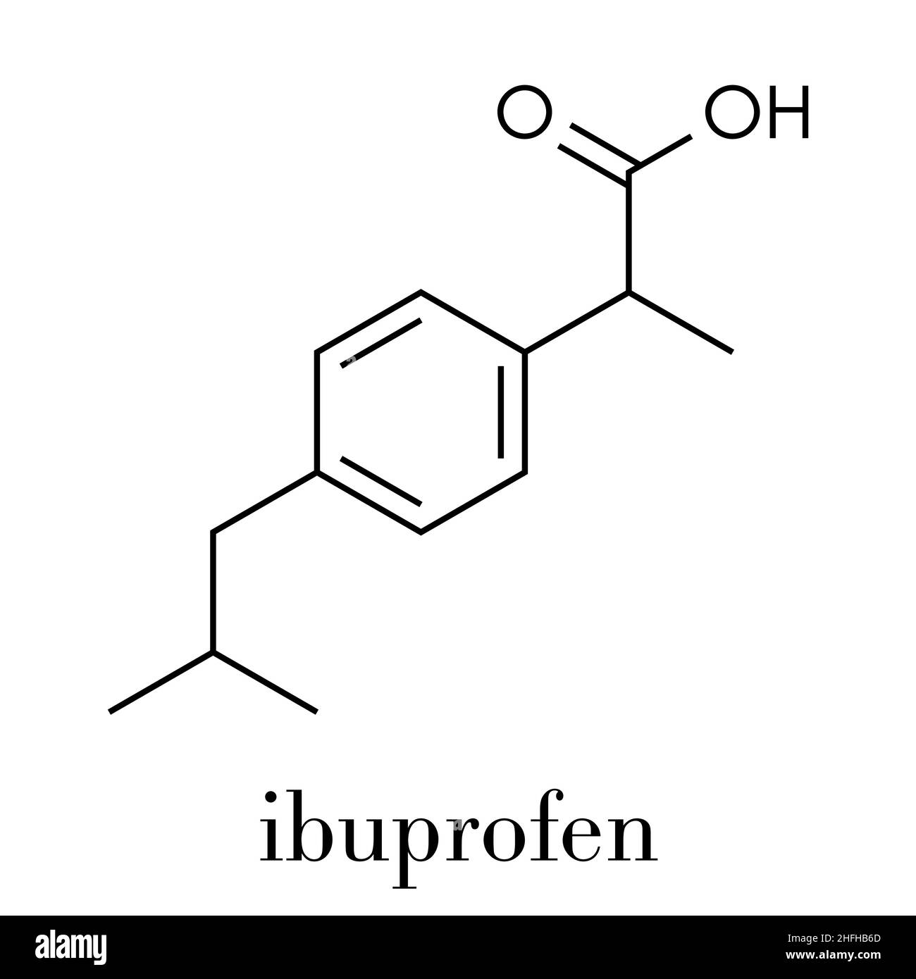 Ibuprofen pain and inflammation drug (NSAID) molecule. Skeletal formula