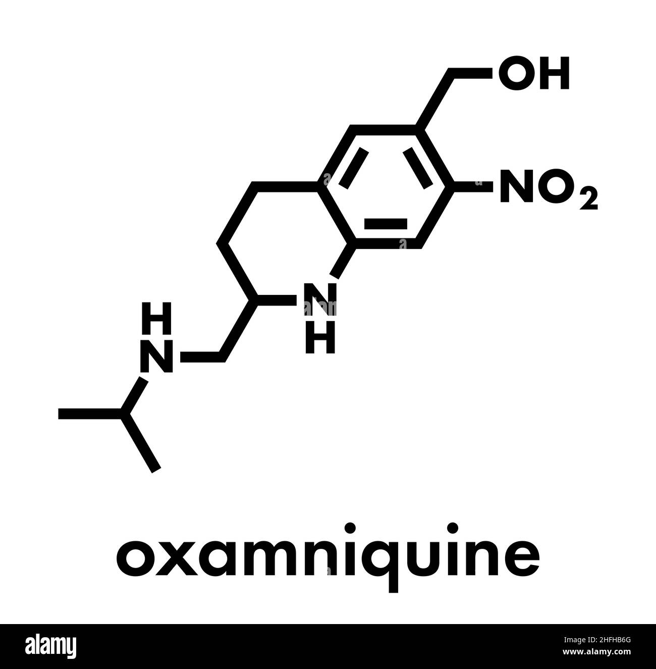 Oxamniquine anthelmintic drug molecule. Used to treat Schistosoma mansoni infections. Skeletal formula. Stock Vector