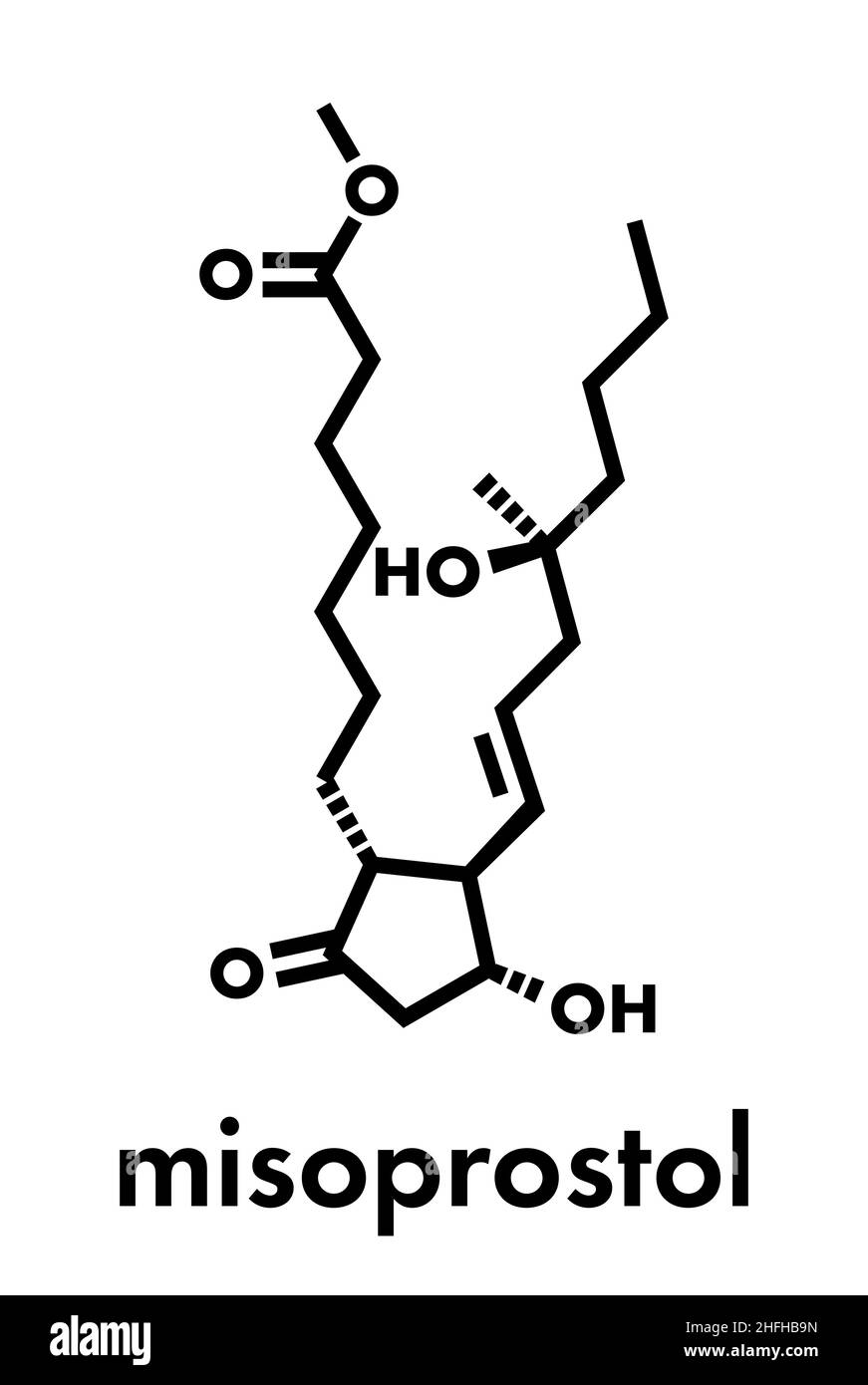 Misoprostol abortion inducing drug molecule. Prostaglandin E1 (PGE1) analogue also used to treat missed miscarriage, induce labor, etc. Skeletal formu Stock Vector