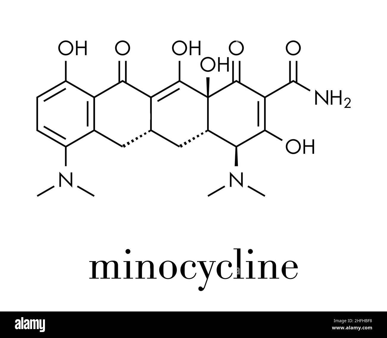 Minocycline antibiotic drug (tetracycline class) molecule. Skeletal