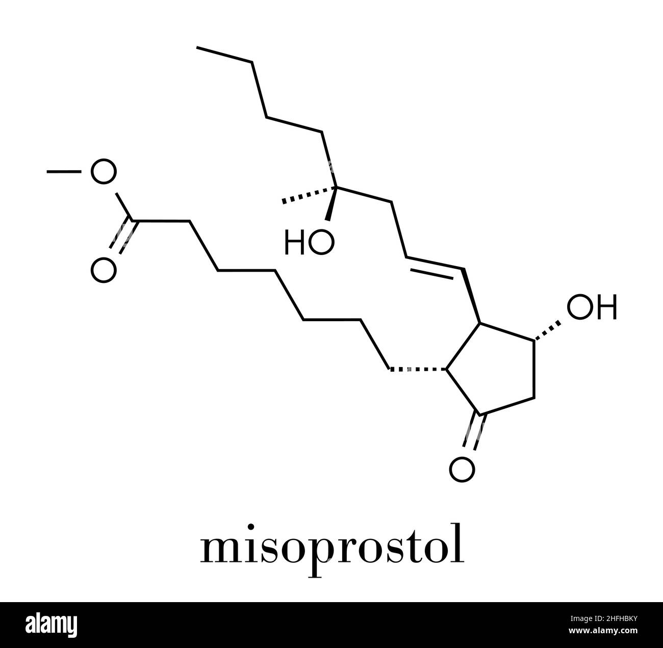 Misoprostol abortion inducing drug molecule. Prostaglandin E1 (PGE1) analogue also used to treat missed miscarriage, induce labor, etc. Skeletal formu Stock Vector