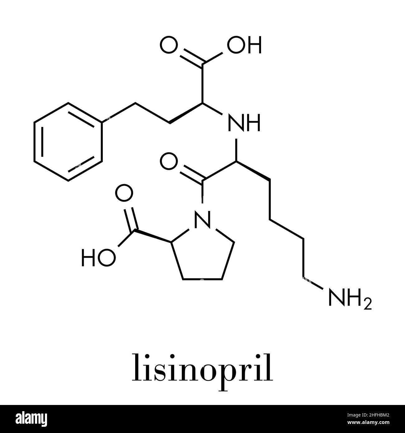 Lisinopril hypertension or high blood pressure drug (ACE inhibitor) molecule. Skeletal formula. Stock Vector