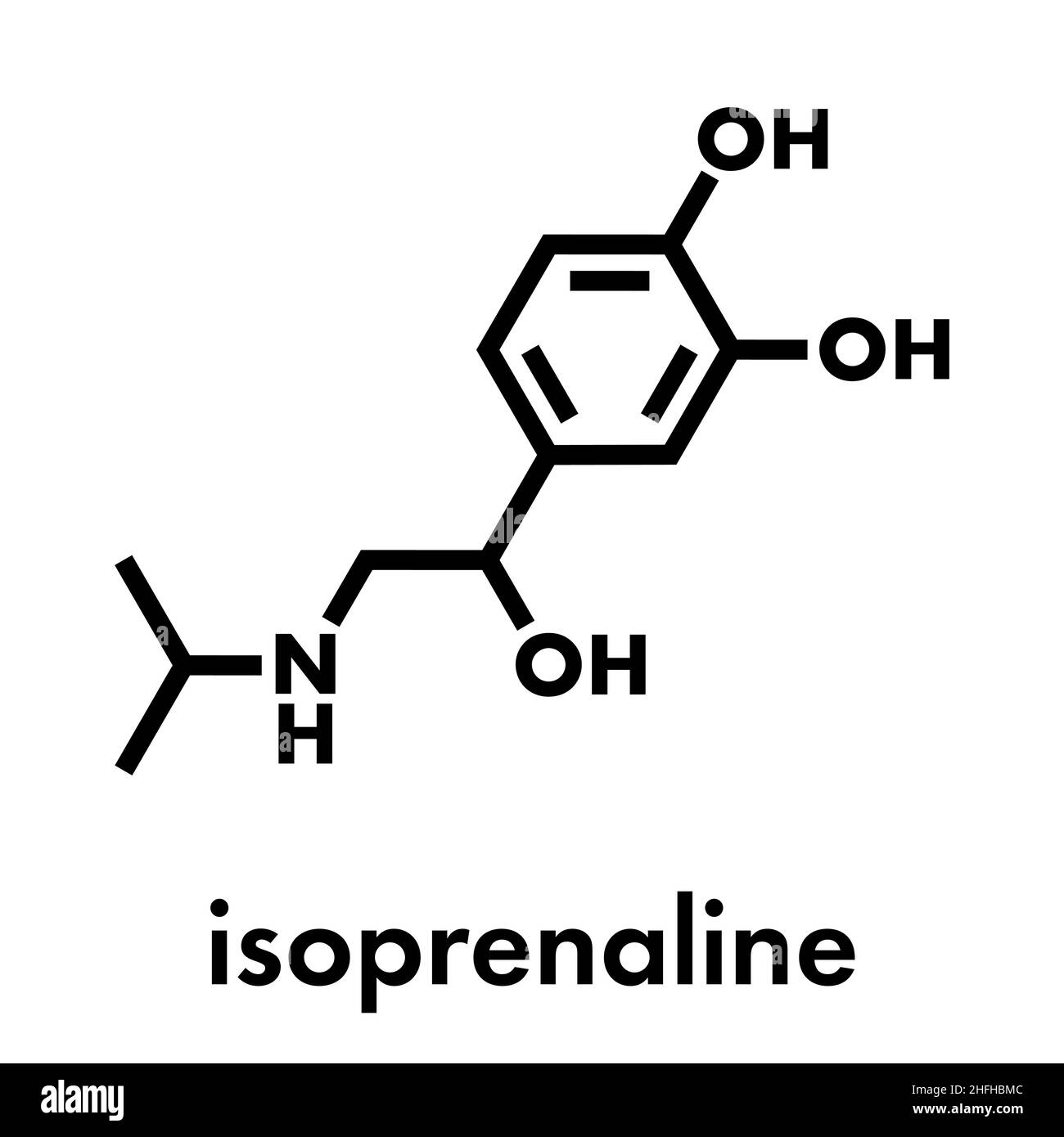 Isoprenaline (isoproterenol) drug molecule. Used in treatment of bradycardia, heart block and asthma. Skeletal formula. Stock Vector