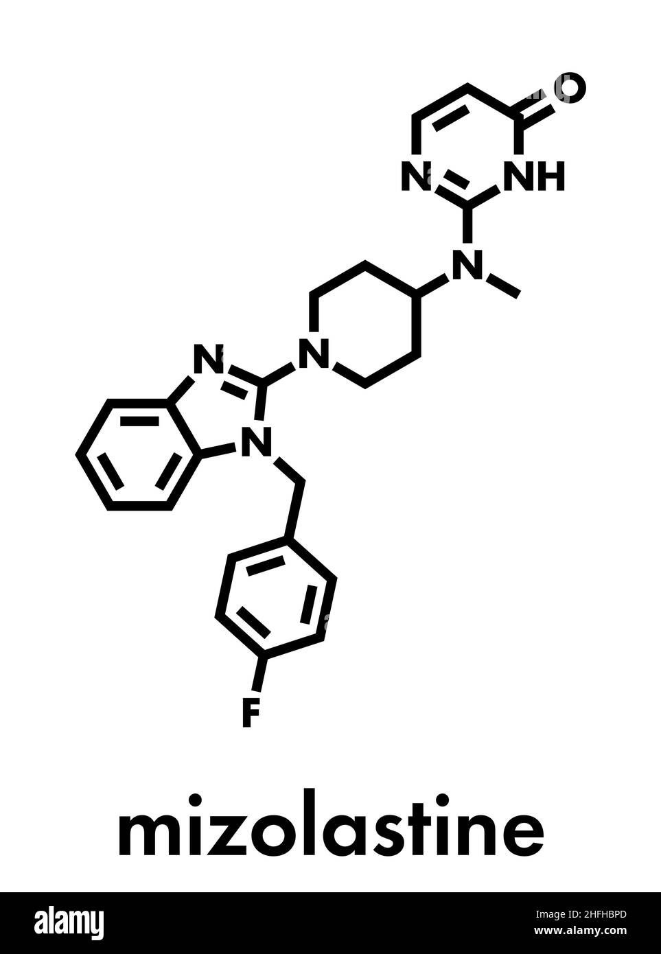 Mizolastine antihistamine drug molecule. Skeletal formula. Stock Vector