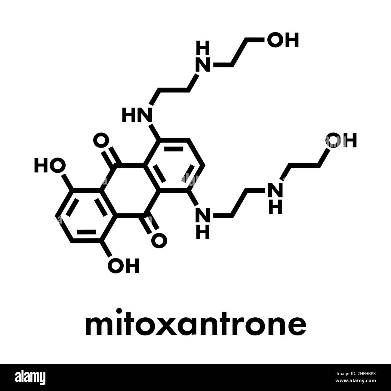 Mitoxantrone cancer drug molecule (type II topoisomerase inhibitor). Skeletal formula. Stock Vector