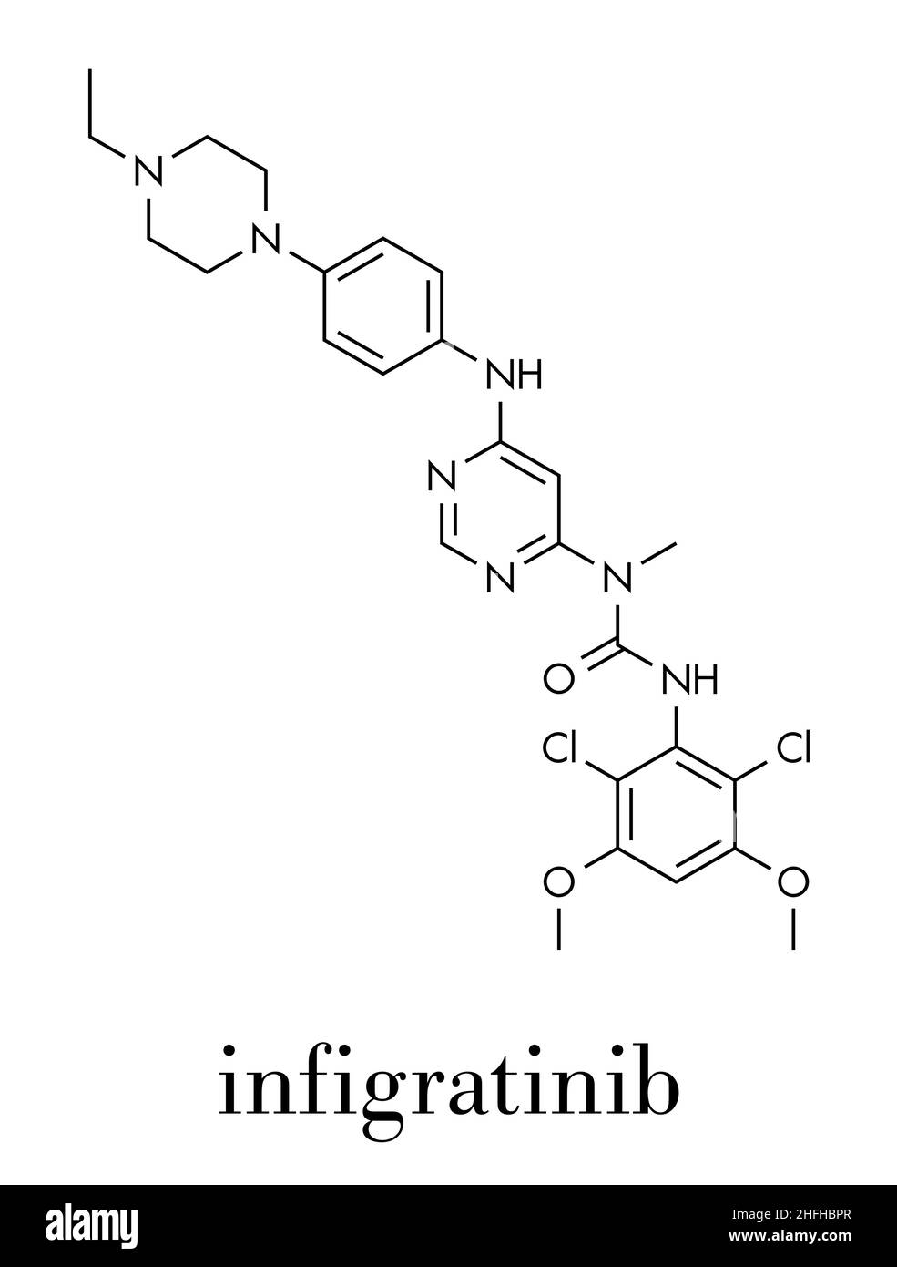 Infigratinib drug molecule. Skeletal formula. Stock Vector