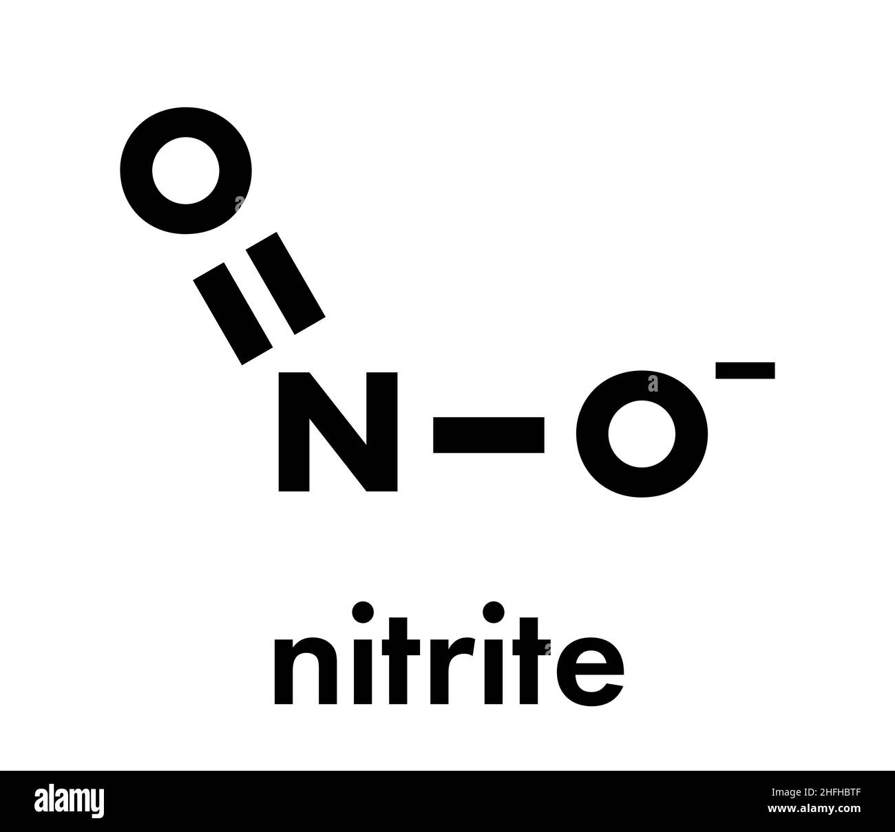 Nitrite (NO2-) anion. Nitrite salts are used in the curing of meat Skeletal formula. Stock Vector