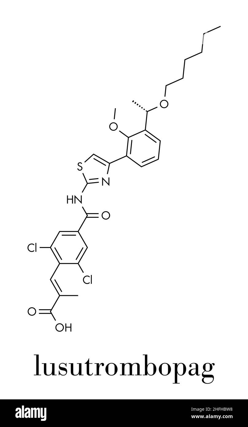 Lusutrombopag drug molecule (thrombopoietin receptor agonist). Skeletal formula. Stock Vector