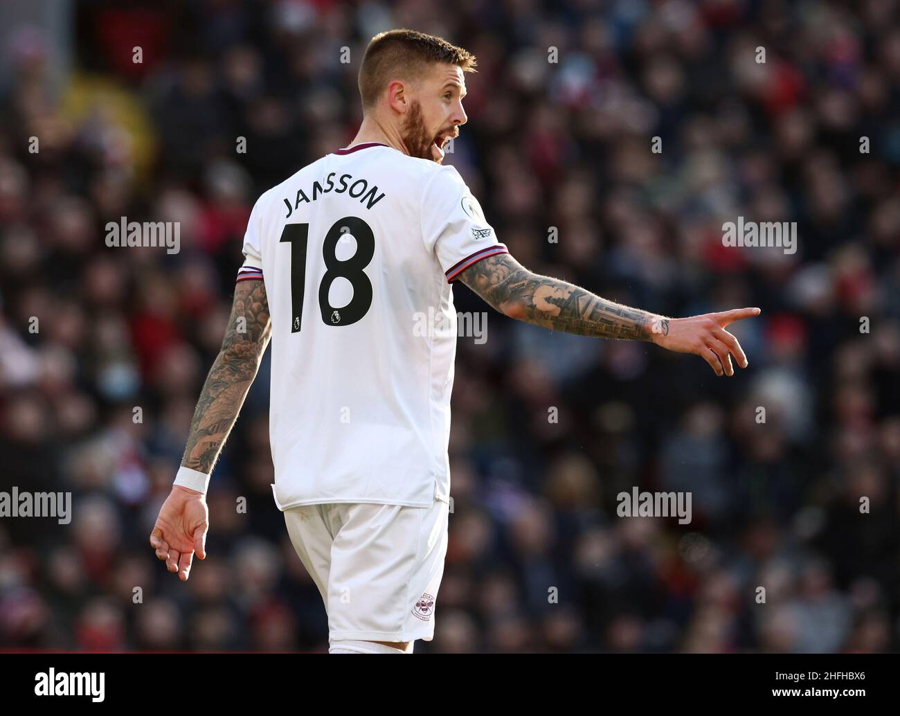 Liverpool, England, 16th January 2022.  Pontus Jansson of Brentford during the Premier League match at Anfield, Liverpool. Picture credit should read: Darren Staples / Sportimage Credit: Sportimage/Alamy Live News Stock Photo