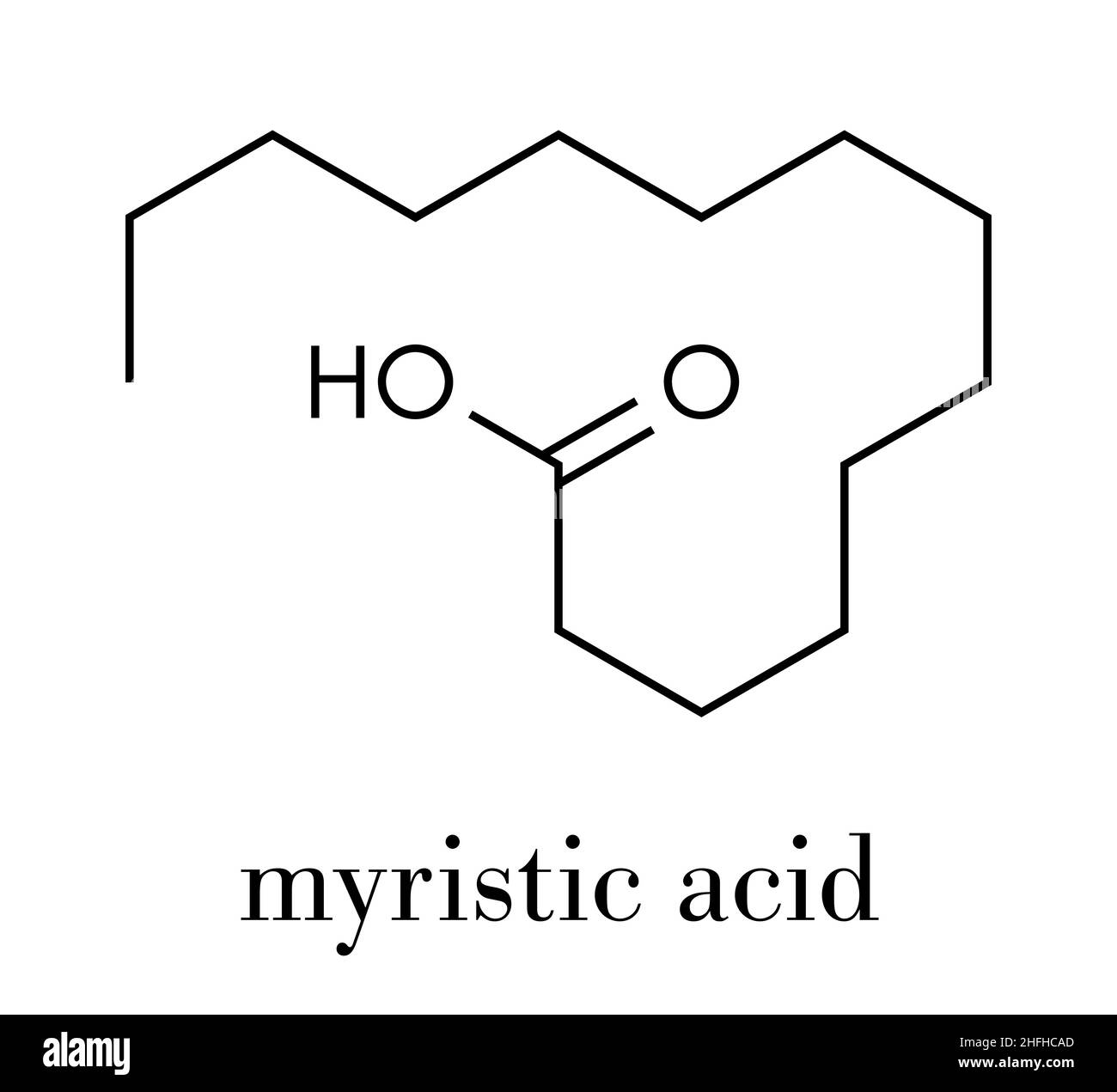 Myristic (tetradecanoic) acid saturated fatty acid molecule. Skeletal
