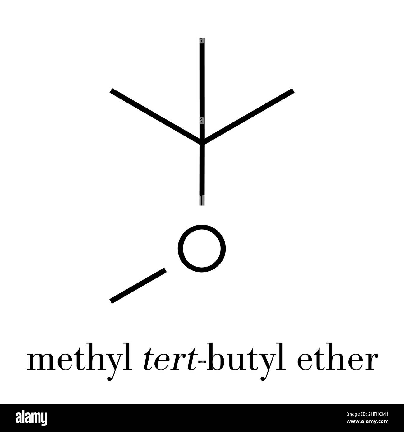 Methyl tert-butyl ether (MTBE, tBME) gasoline additive molecule. Skeletal formula. Stock Vector